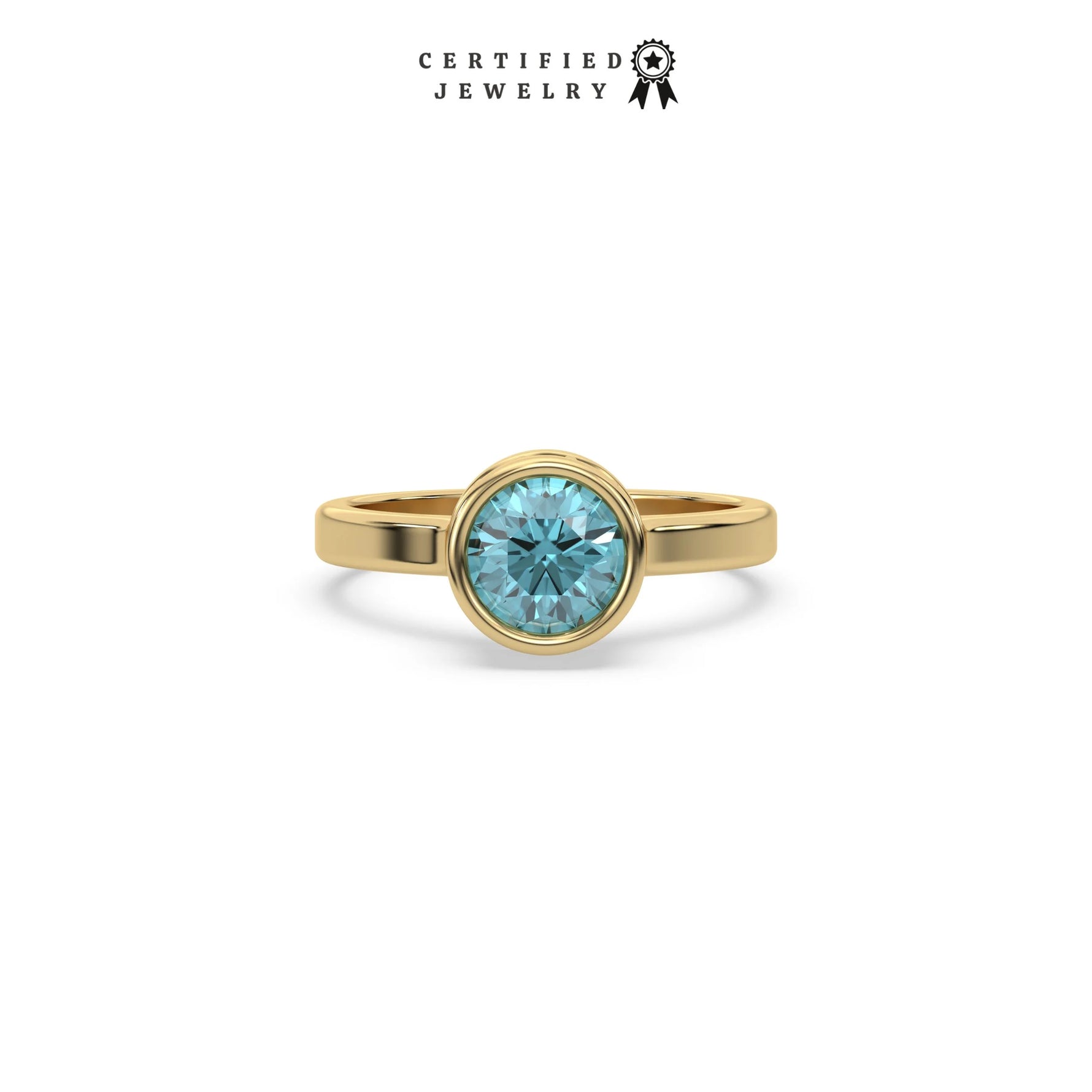 This yellow gold ring displayed on front view is made with brilliant round solitaire diamond set in bezel setting