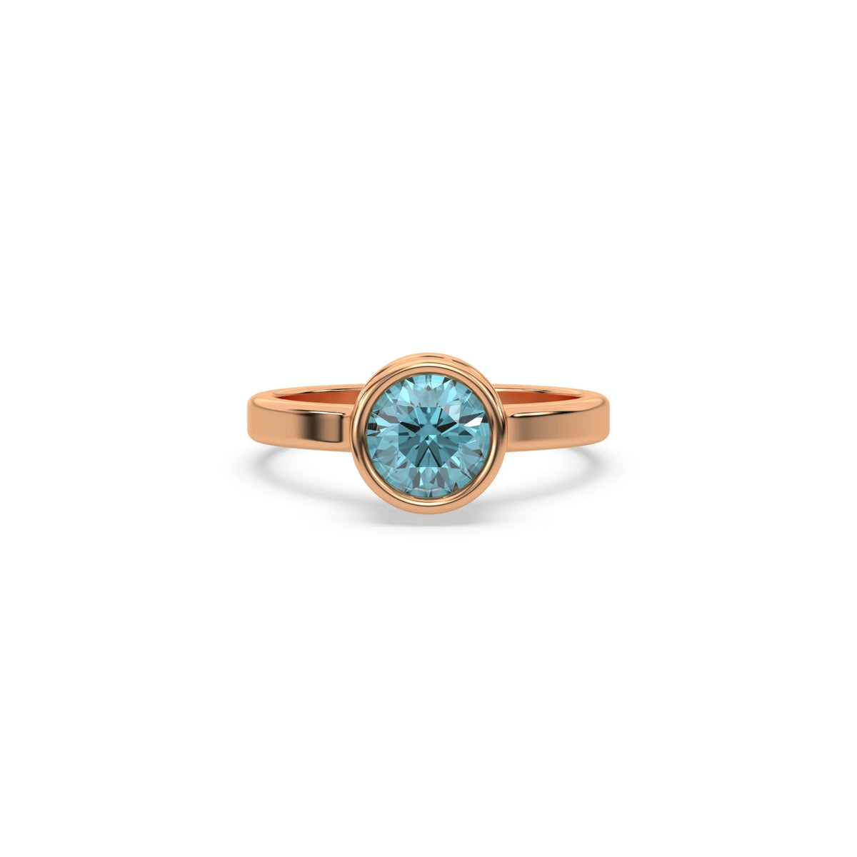 This rose gold ring displayed on front view is made with brilliant round solitaire diamond set in bezel setting