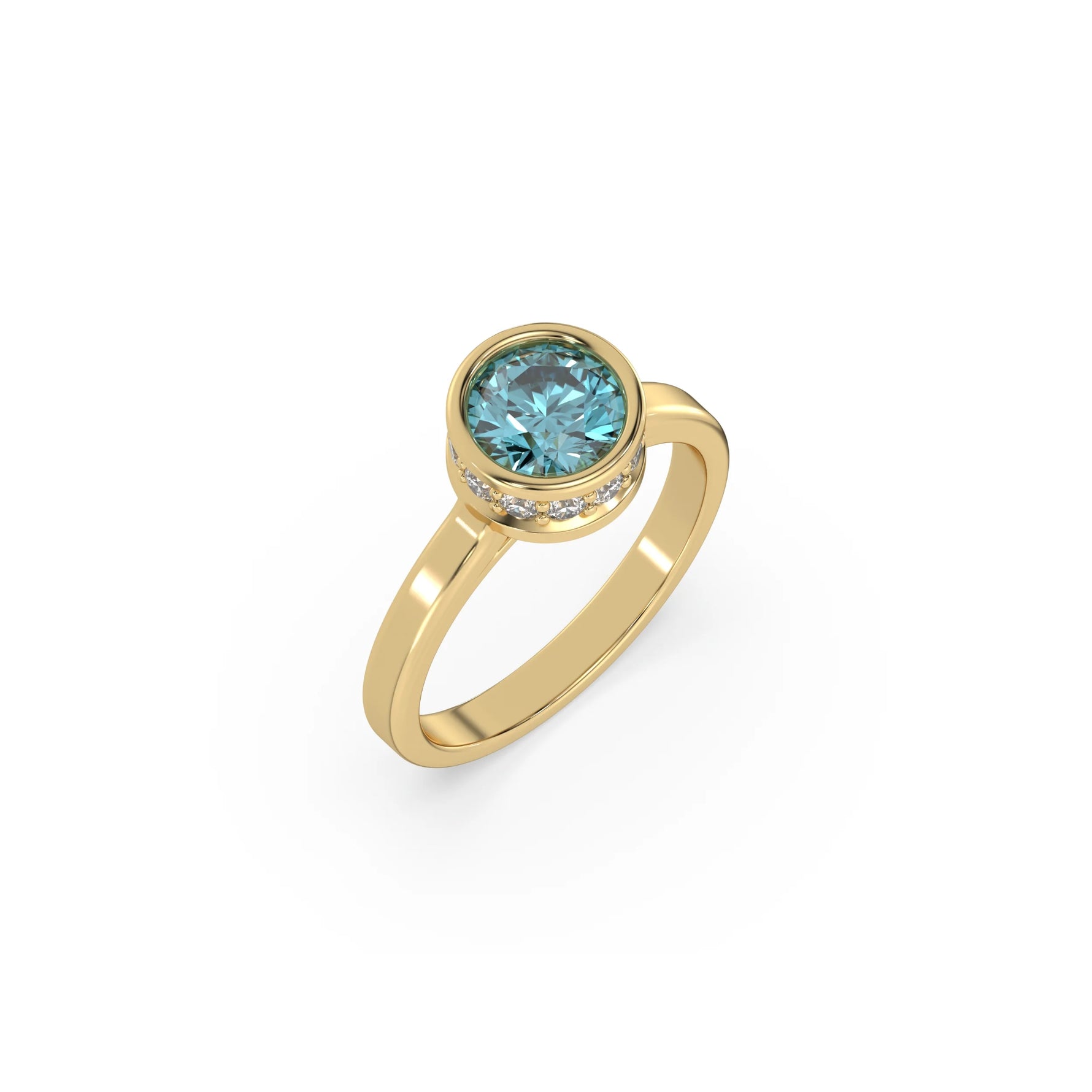 This yellow gold ring displayed on 3d view is made with brilliant round solitaire diamond set in bezel setting