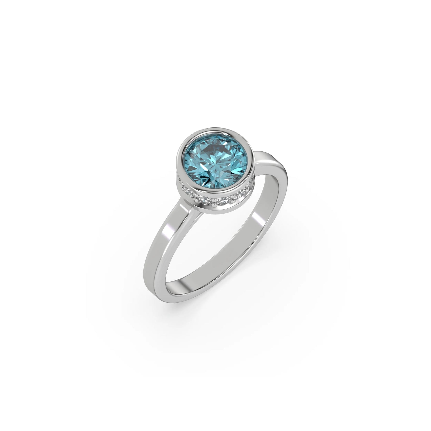 This white gold ring displayed on 3d view is made with brilliant round solitaire diamond set in bezel setting