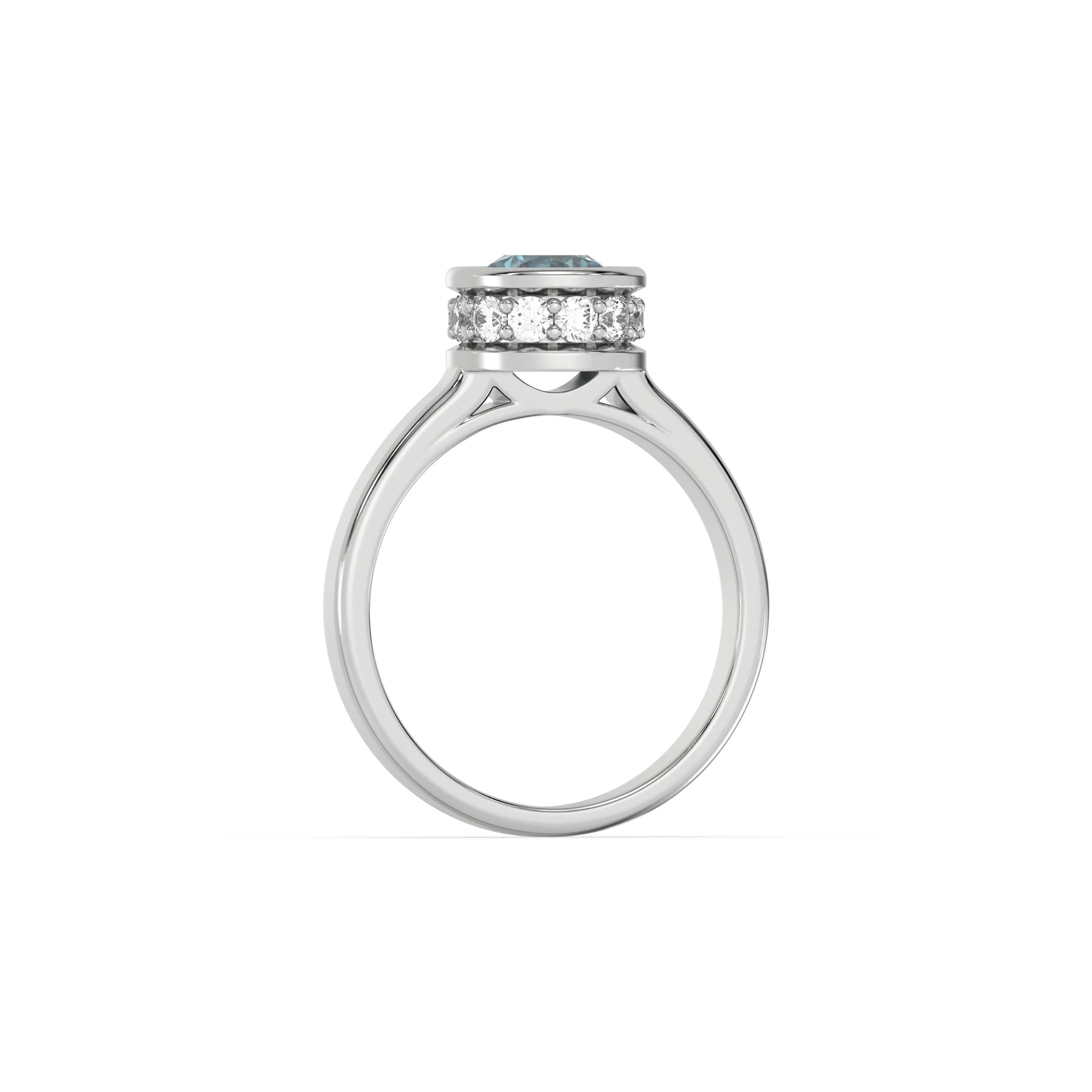 This white gold ring displayed on through finger view is made with brilliant round solitaire diamond set in bezel setting