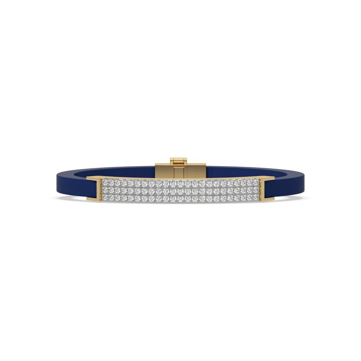 This yellow gold three-row diamond bracelet features a stylish design adorned with 69 round-cut diamonds. These diamonds are set in a shared prong setting in top view