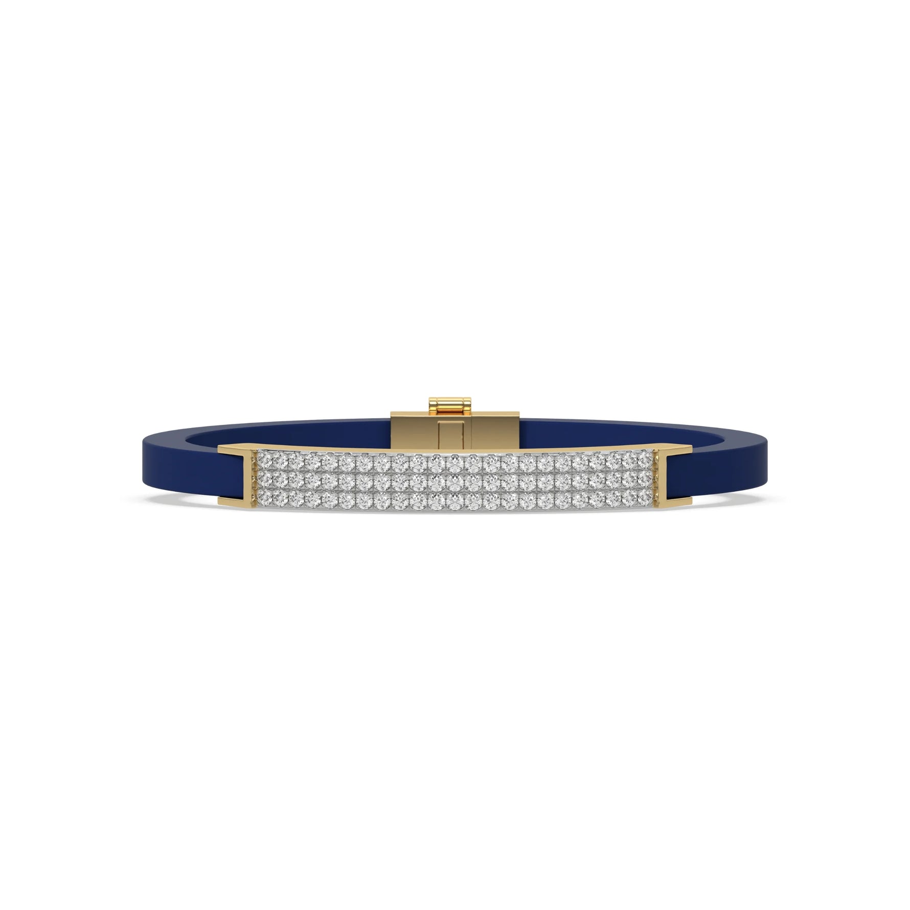 This yellow gold three-row diamond bracelet features a stylish design adorned with 69 round-cut diamonds. These diamonds are set in a shared prong setting in top view