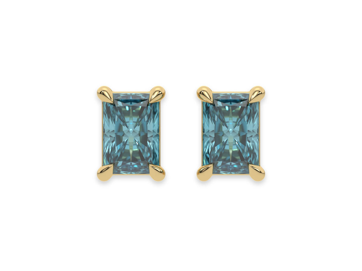 14K Yellow Gold Blue Radiant Diamond Stud Earrings 