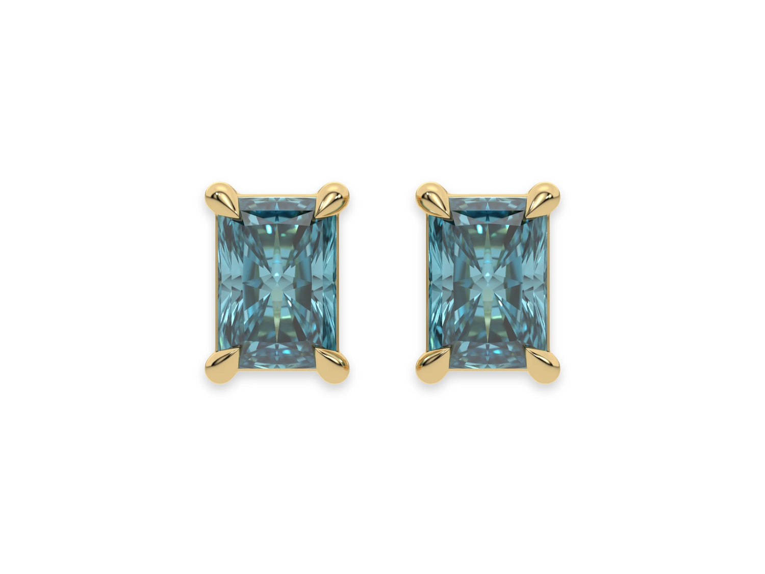 14K Yellow Gold Blue Radiant Diamond Stud Earrings 