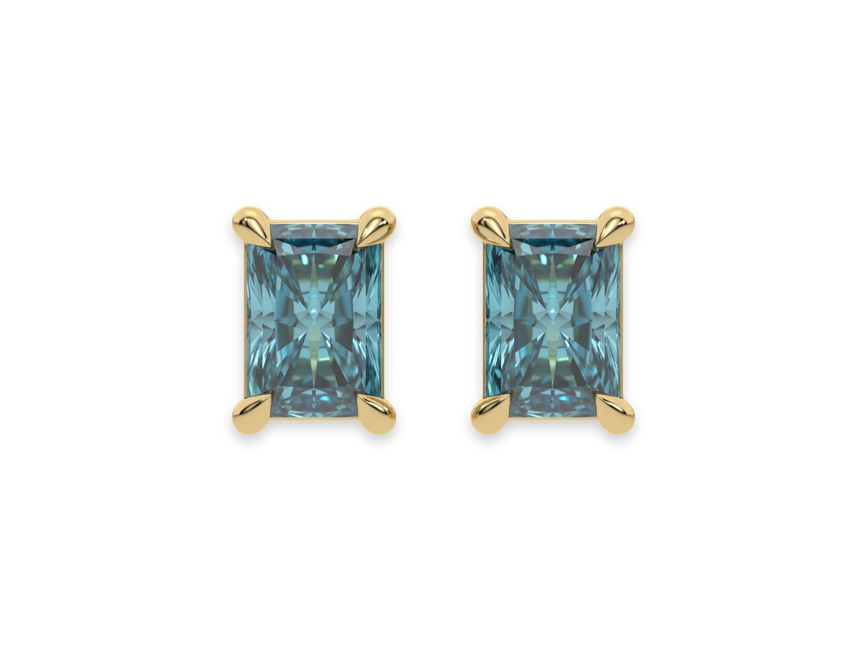 14K Yellow Gold Blue Radiant Diamond Stud Earrings 