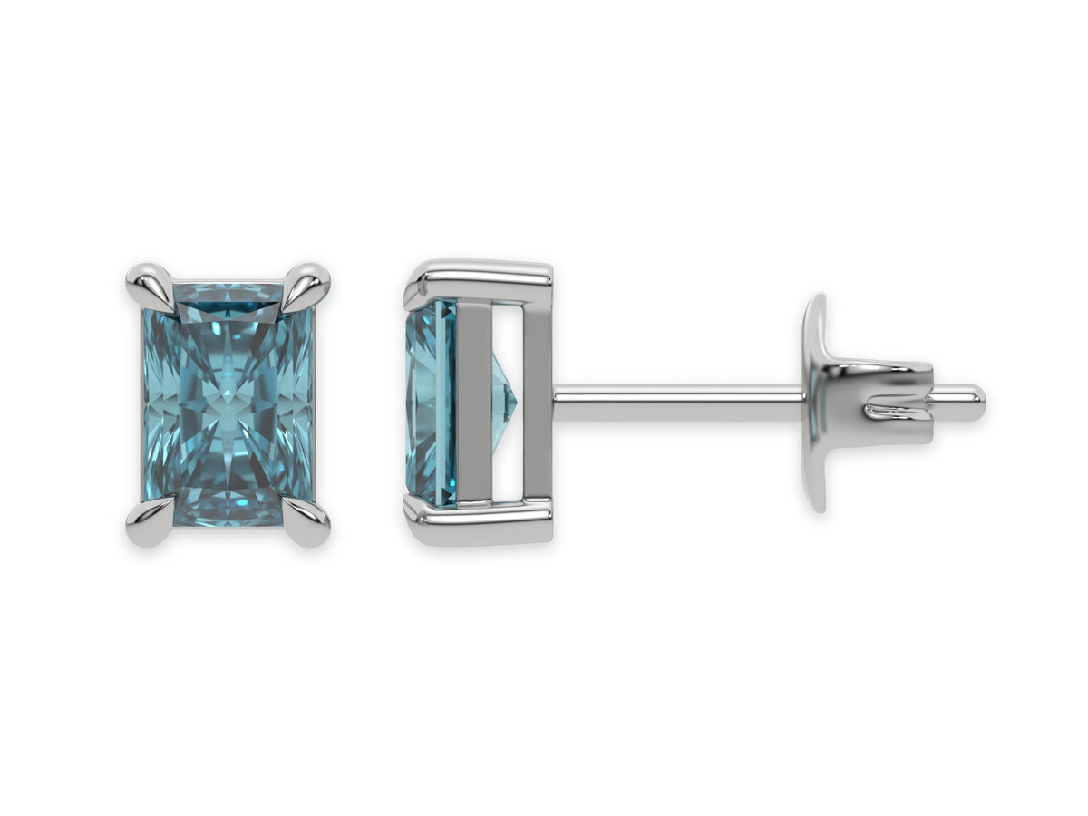 14K White Gold Blue Radiant Diamond Stud Earrings 