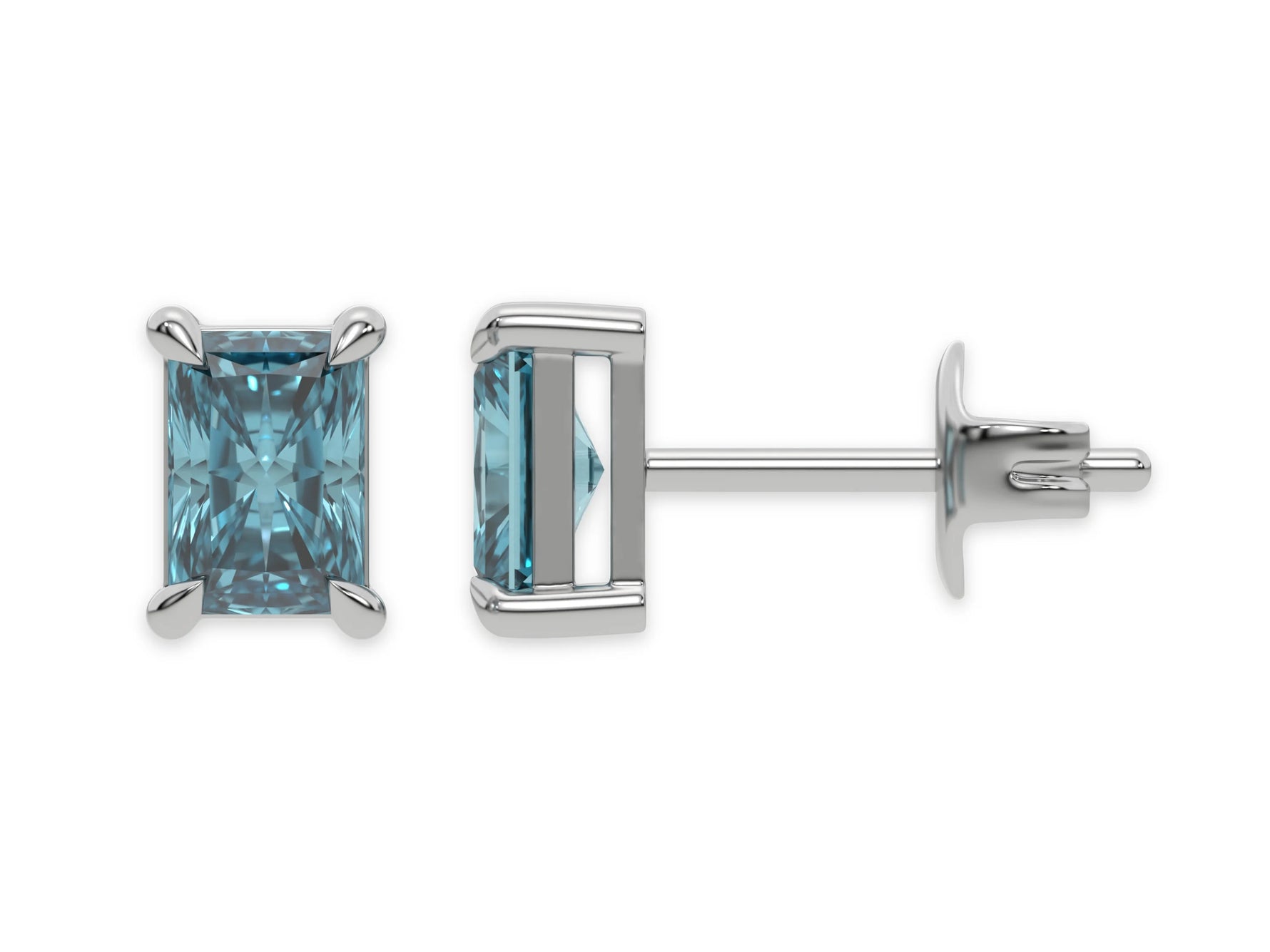 14K White Gold Blue Radiant Diamond Stud Earrings 