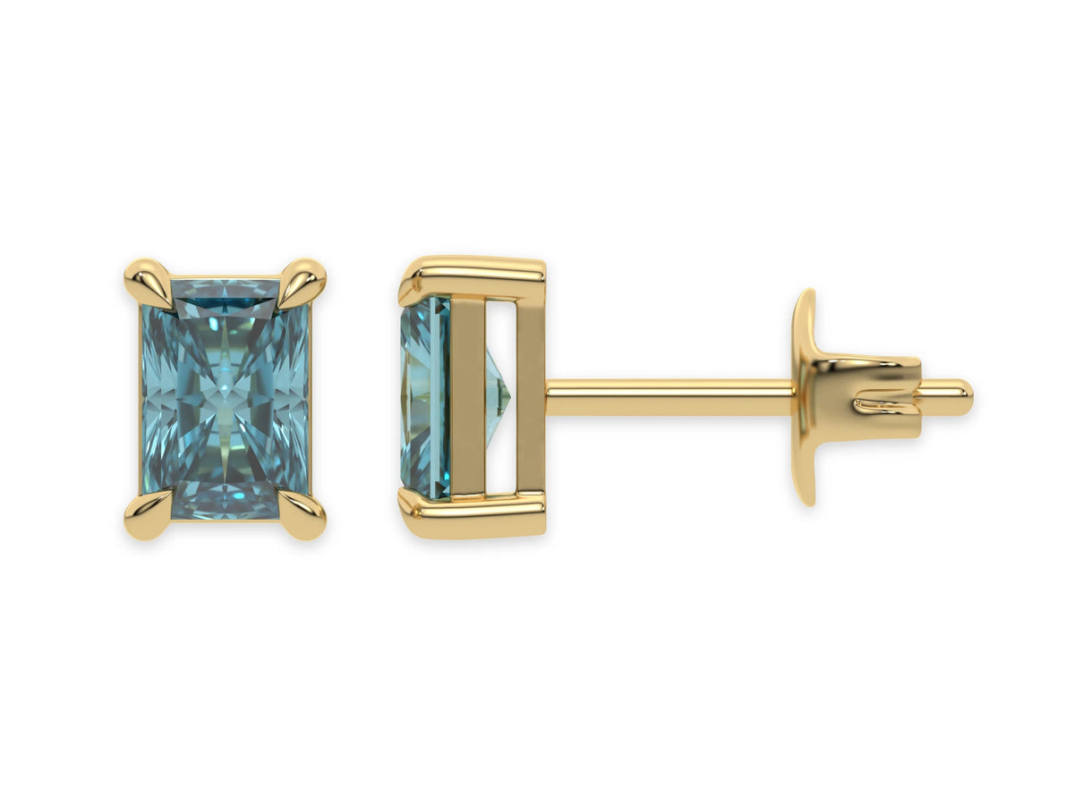 18K Yellow Gold Blue Radiant Diamond Stud Earrings 
