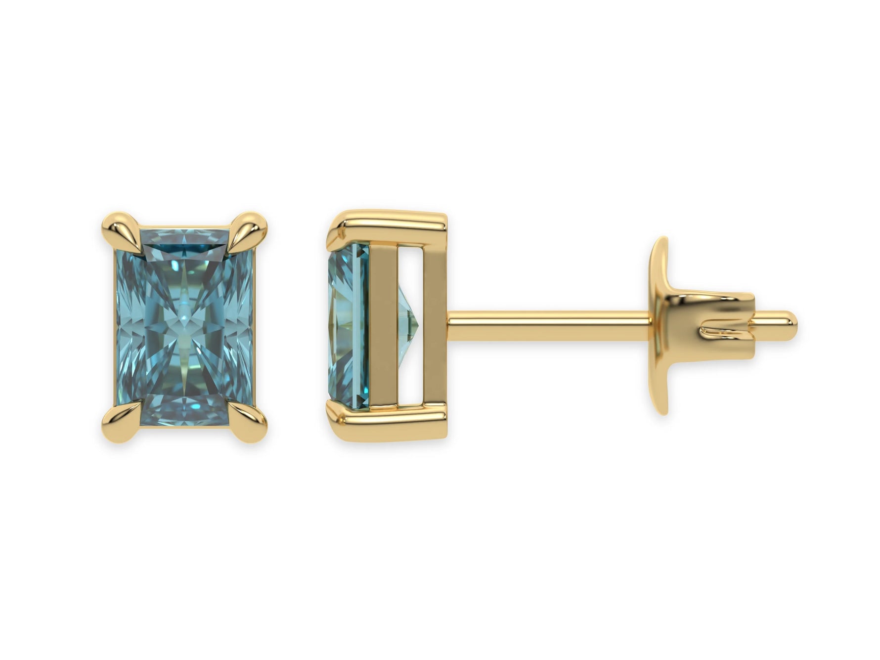 18K Yellow Gold Blue Radiant Diamond Stud Earrings 