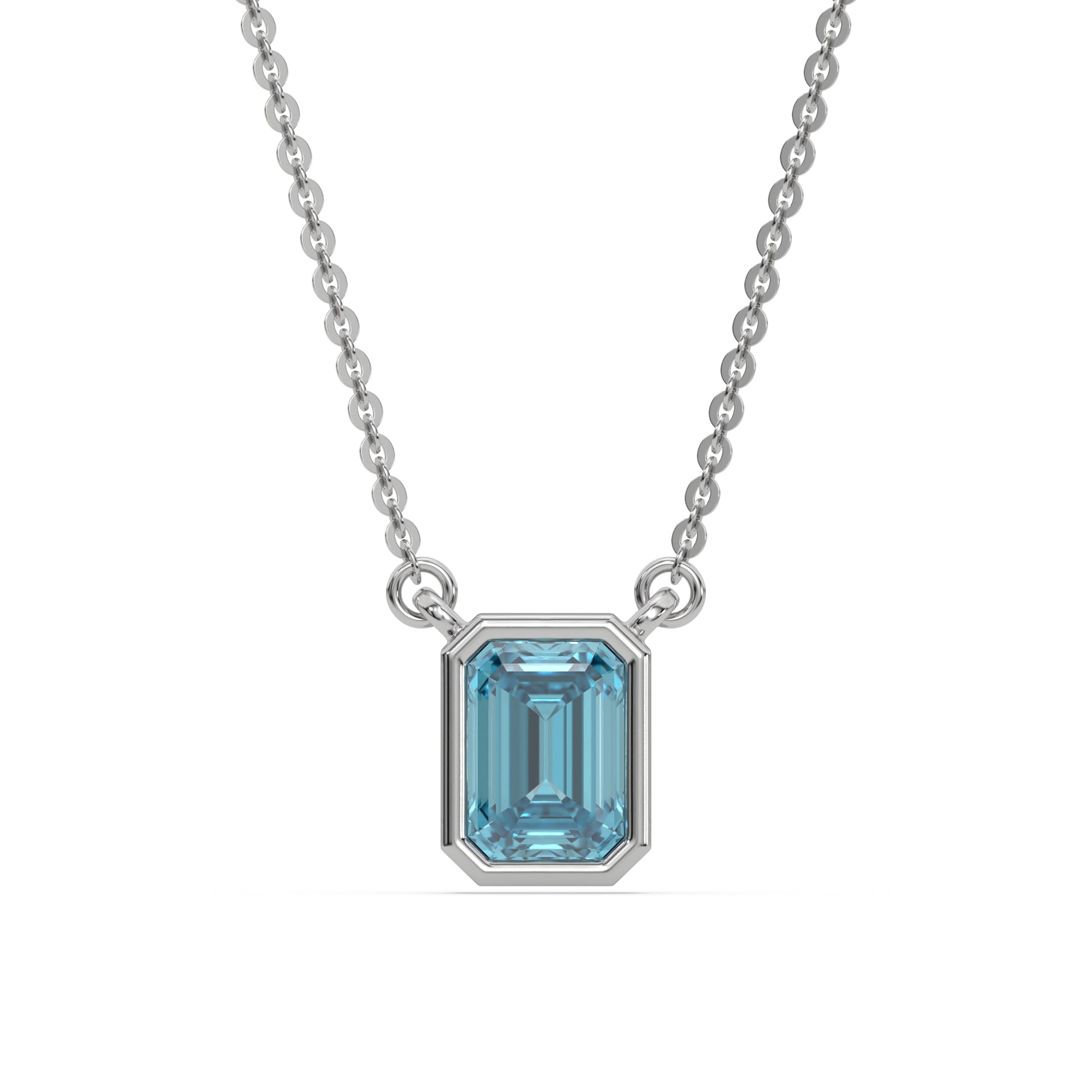 This white gold Fancy Blue Emerald Solitaire Diamond Necklace made with an fancy Blue emerald cut diamond in bezel setting with adjustable chain in top view