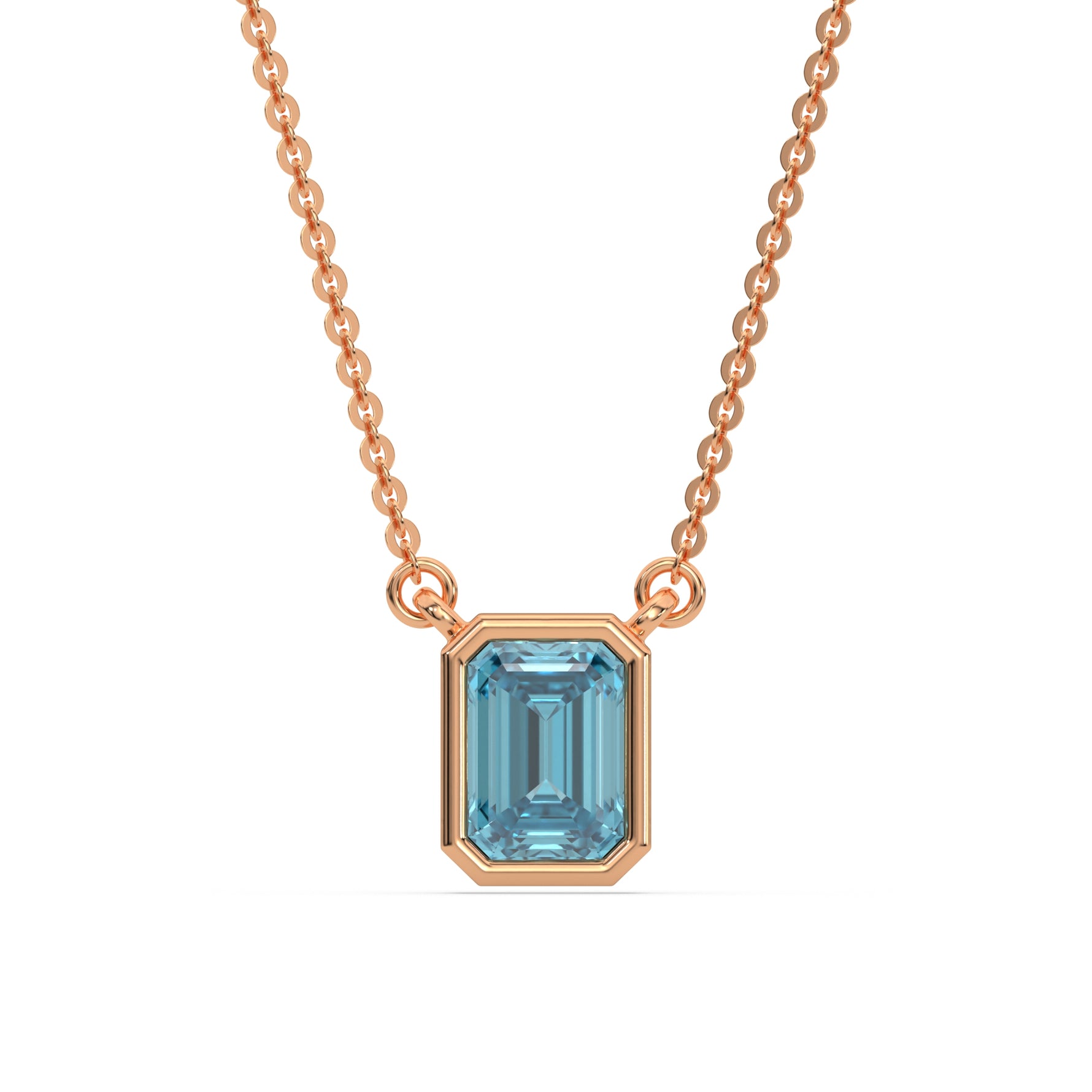 This rose gold Fancy Blue Emerald Solitaire Diamond Necklace made with an fancy Blue emerald cut diamond in bezel setting with adjustable chain in top view