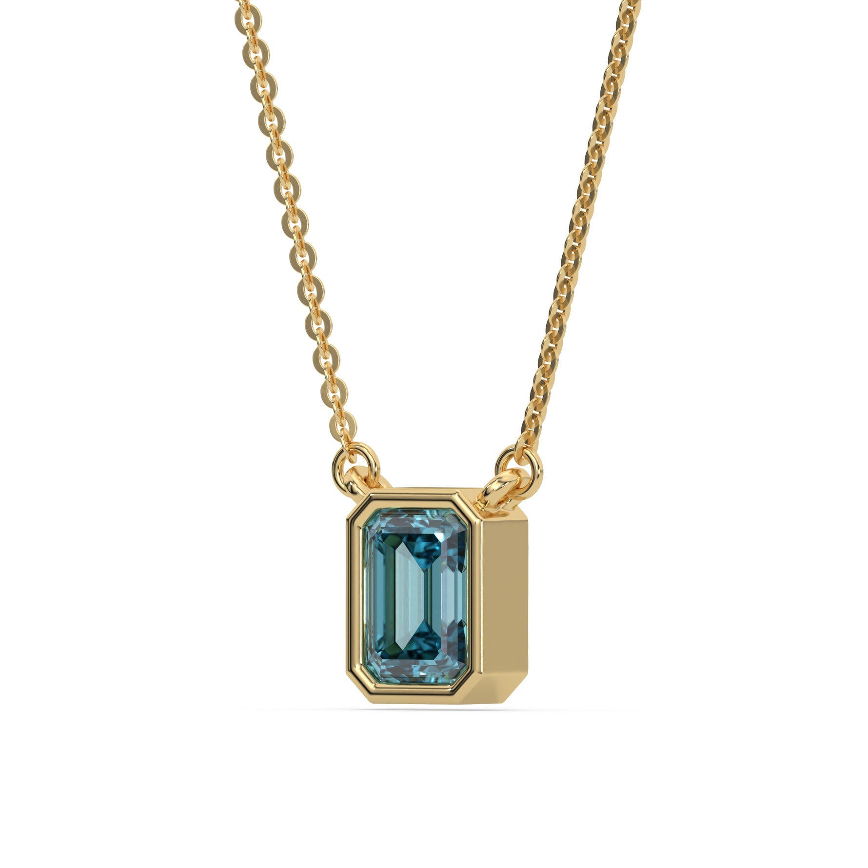 This yellow gold Fancy Blue Emerald Solitaire Diamond Necklace made with an fancy Blue emerald cut diamond in bezel setting with adjustable chain in side view