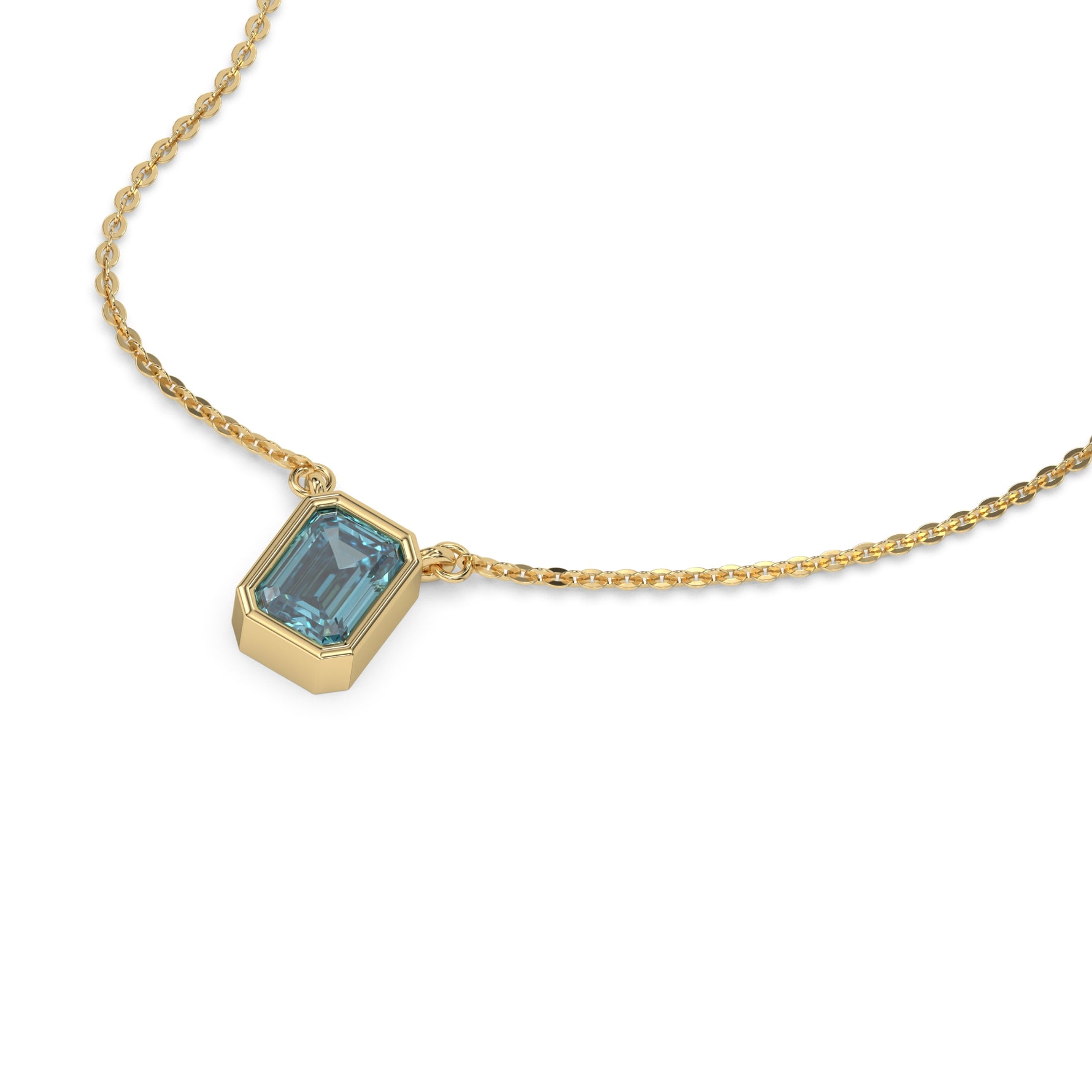 This yellow gold Fancy Blue Emerald Solitaire Diamond Necklace made with an fancy Blue emerald cut diamond in bezel setting with adjustable chain in 3d view