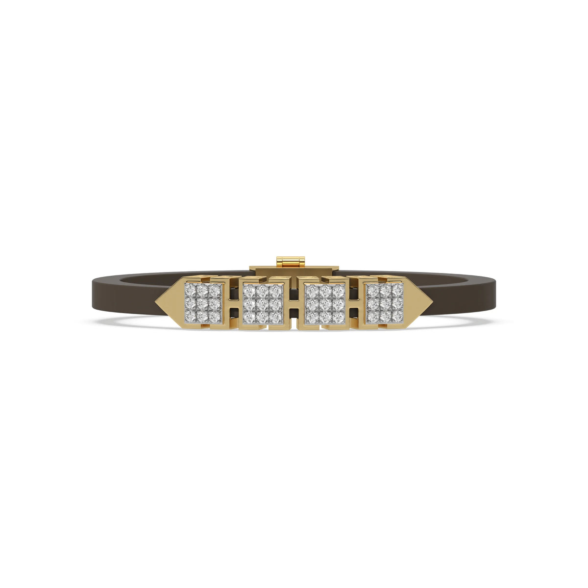 This yellow gold  axel diamond rubber bracelet features two box motifs in the center and two box motifs with arrows on each end. The bracelet elegantly showcases 36 diamonds set in a four-prong setting in top view