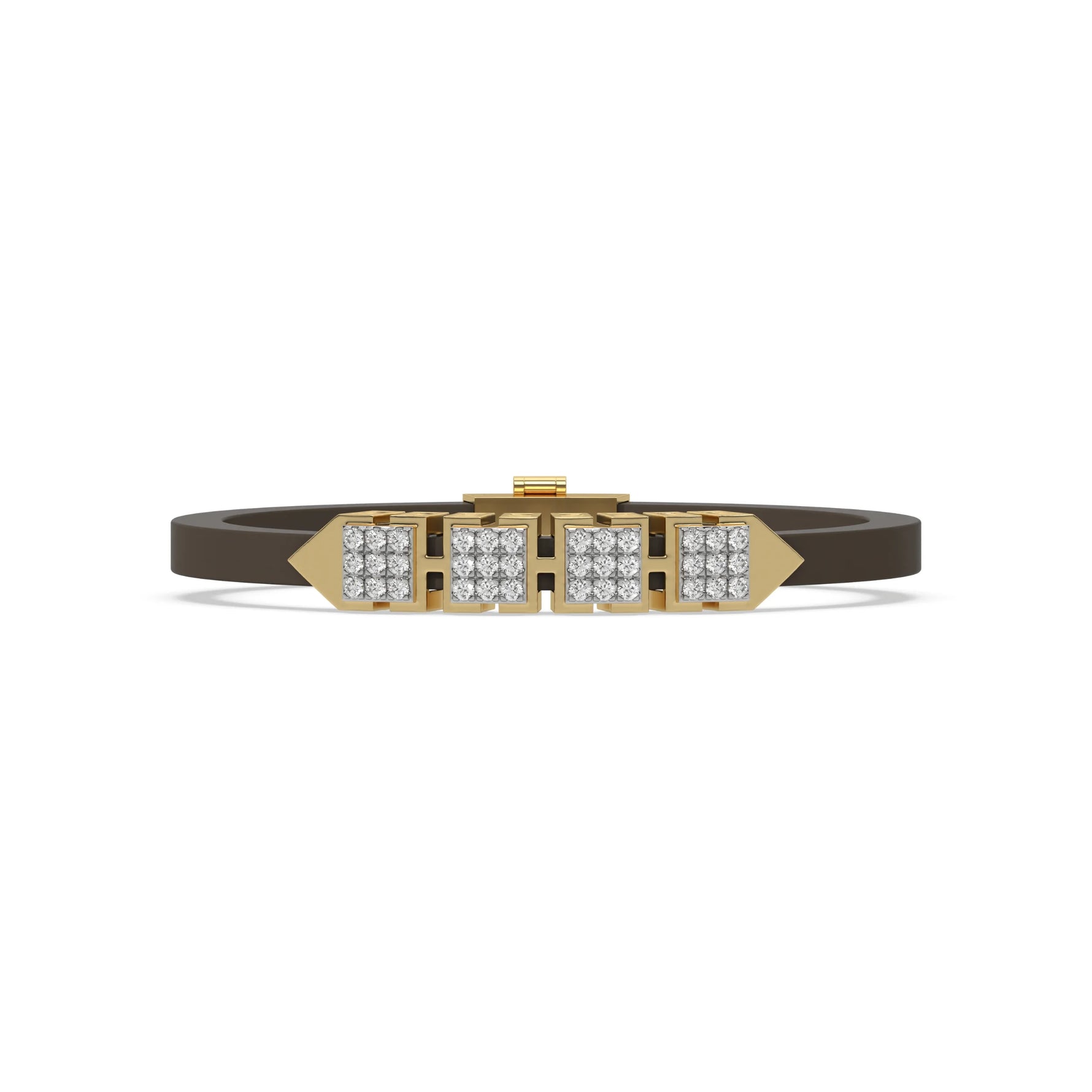 This yellow gold  axel diamond rubber bracelet features two box motifs in the center and two box motifs with arrows on each end. The bracelet elegantly showcases 36 diamonds set in a four-prong setting in top view