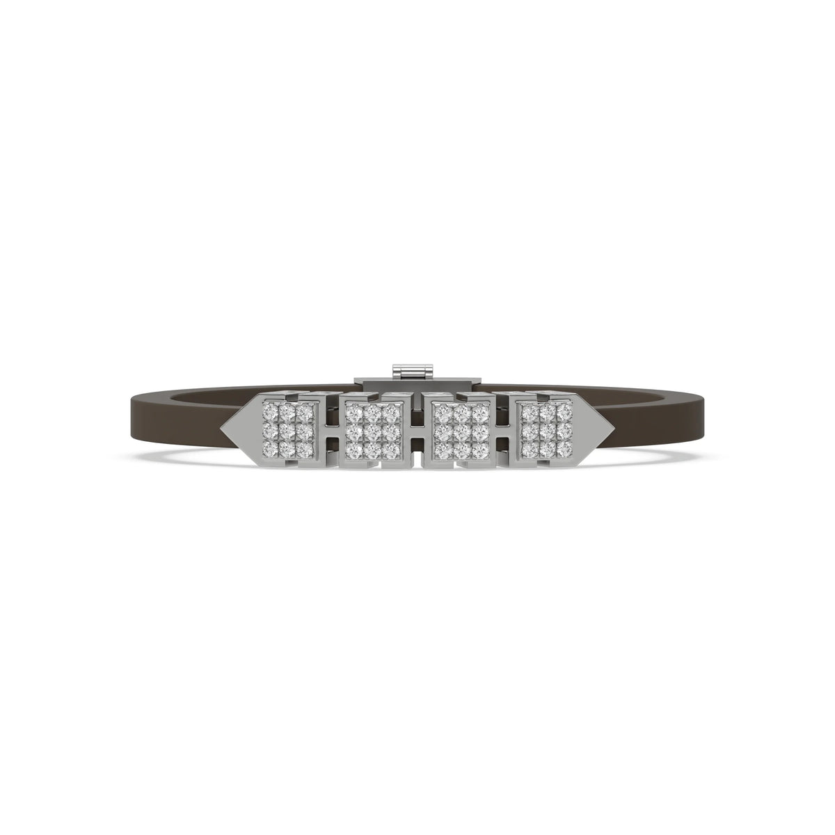 This white gold  axel diamond rubber bracelet features two box motifs in the center and two box motifs with arrows on each end. The bracelet elegantly showcases 36 diamonds set in a four-prong setting in top view