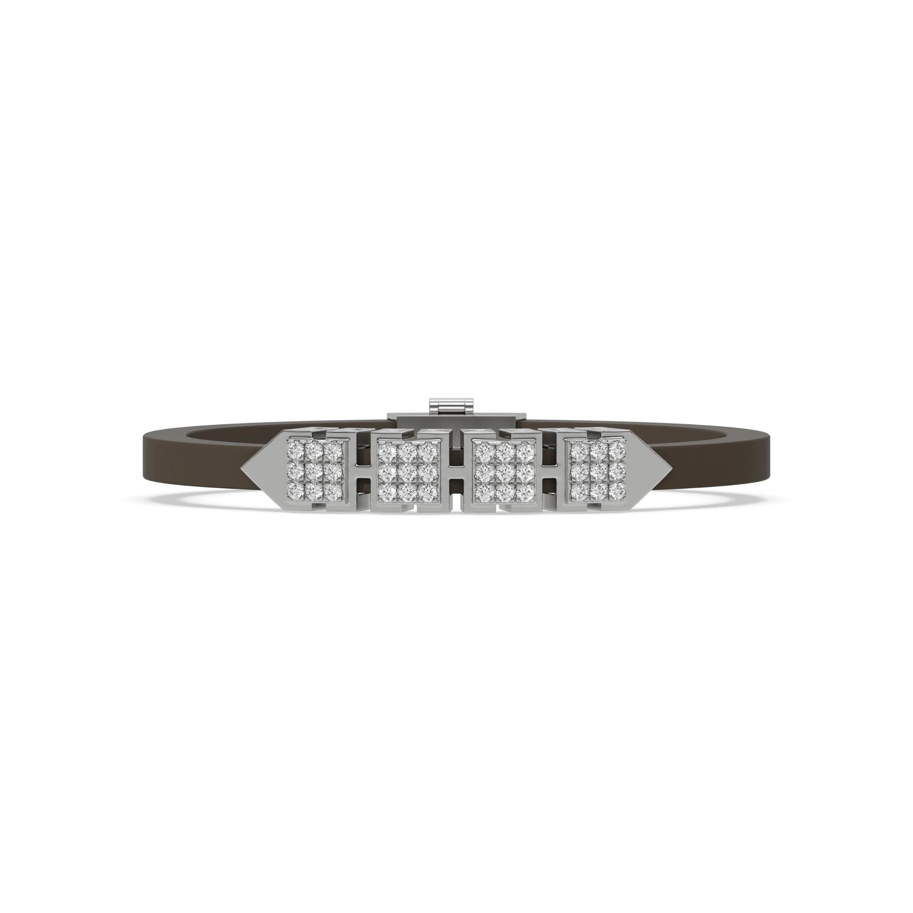 This white gold  axel diamond rubber bracelet features two box motifs in the center and two box motifs with arrows on each end. The bracelet elegantly showcases 36 diamonds set in a four-prong setting in top view