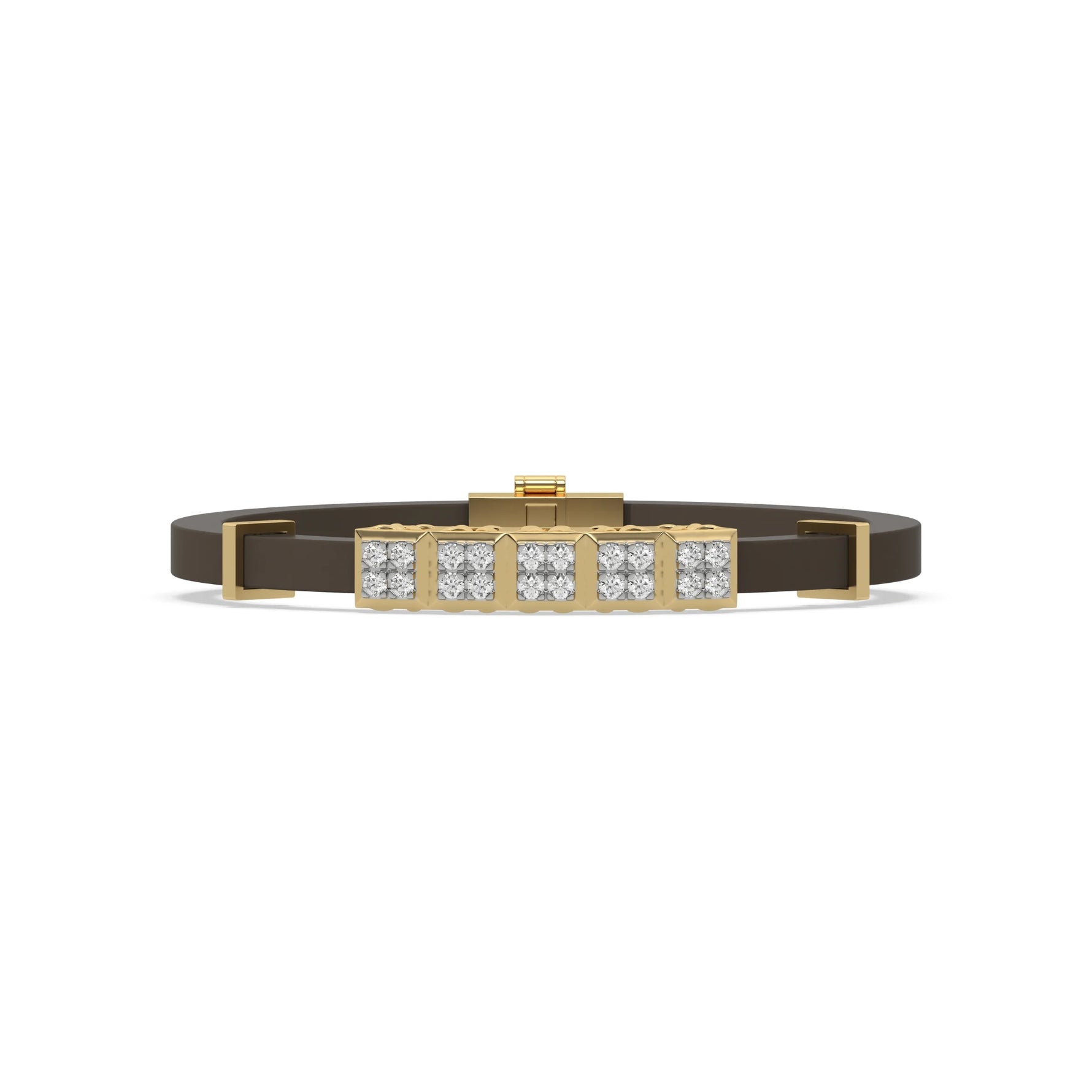 This yellow gold Cubic diamond rubber bracelet features 5 cubic motifs adorned with 20 round-cut diamonds, all meticulously set in a prong setting in top view