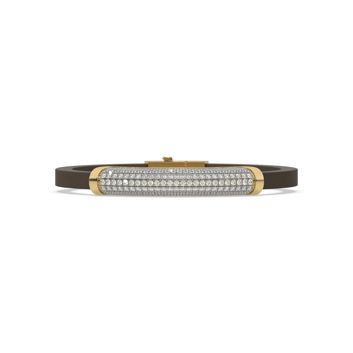 This yellow gold Curved diamond rubber bracelet features 3.90 CT of round cut diamonds set in a prong setting in top view