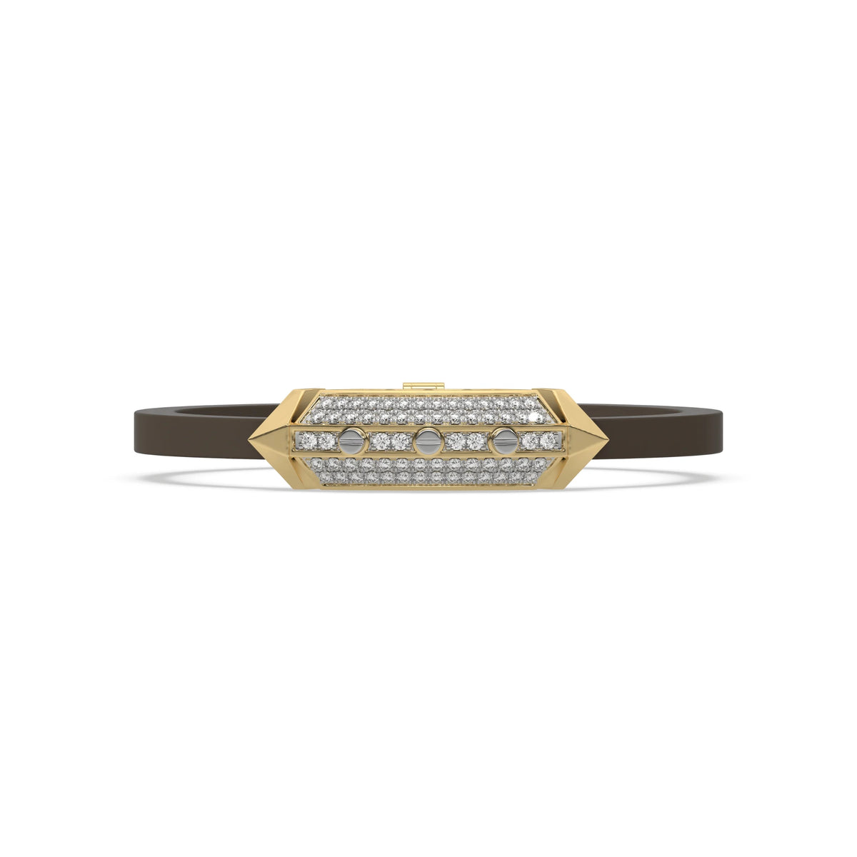 This yellow gold infinity diamond rubber bracelet, a striking statement piece featuring two diamond rows on each end and a central bar line made with gold motifs and diamonds, all set in a prong setting in top view