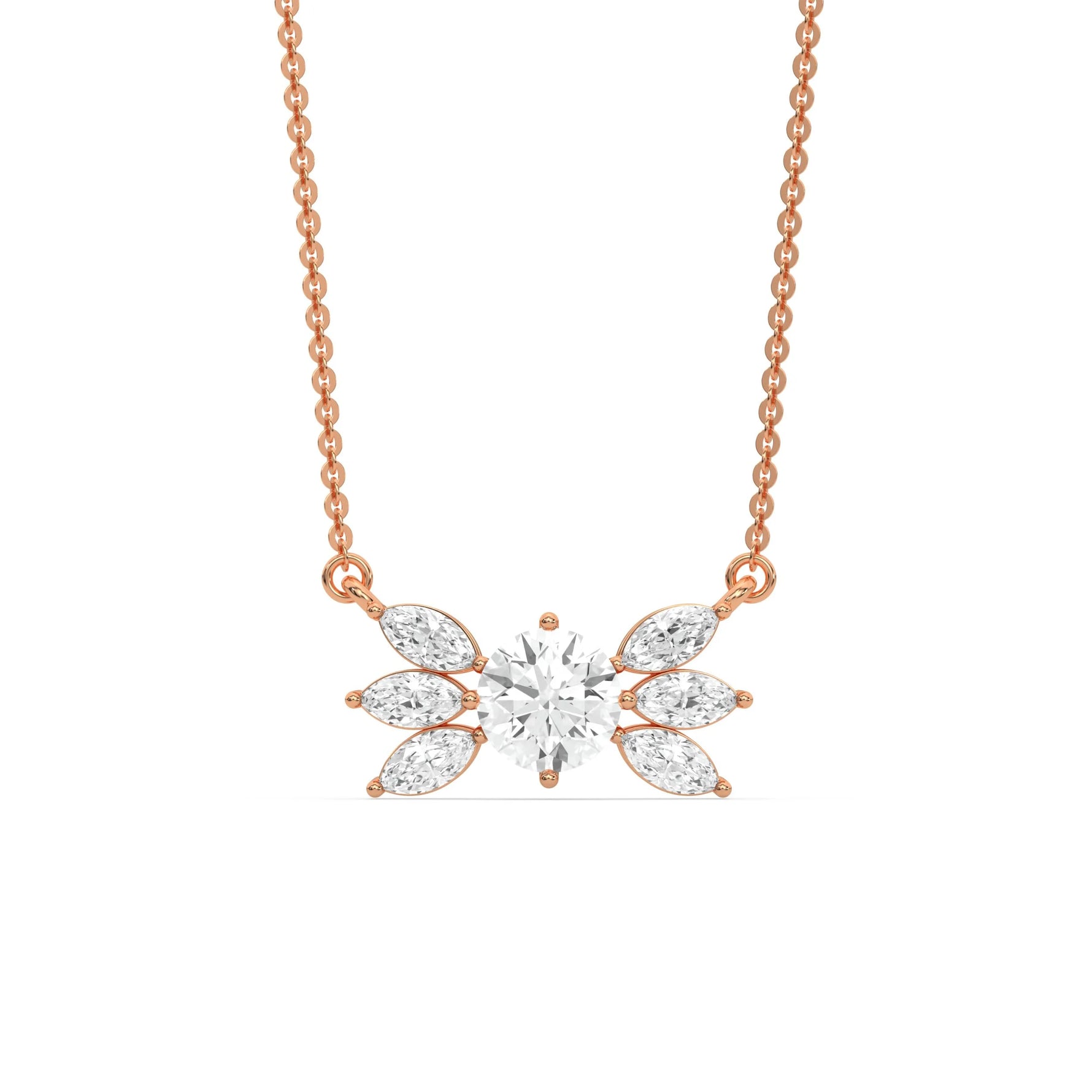 18K Rose Gold Marquise and Round Diamond Butterfly Necklace