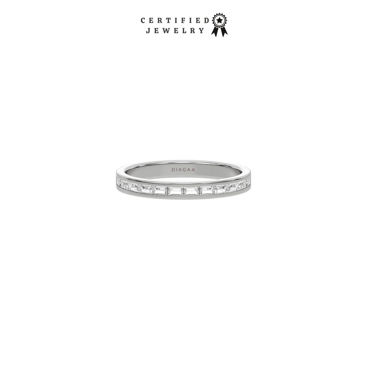 This white  gold ring displayed in front view is made with 12 baguette diamonds and set in channel setting 