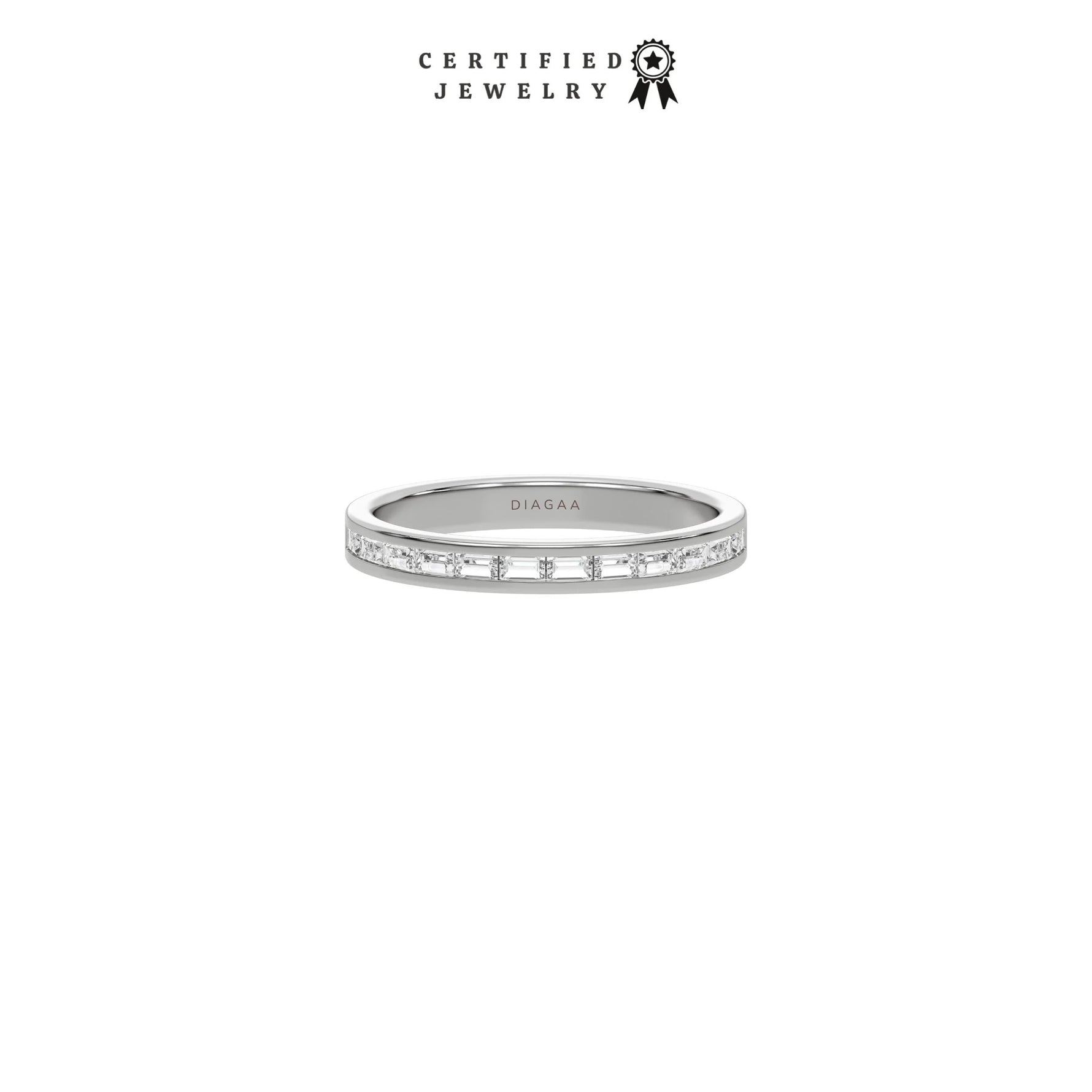 This white  gold ring displayed in front view is made with 12 baguette diamonds and set in channel setting 