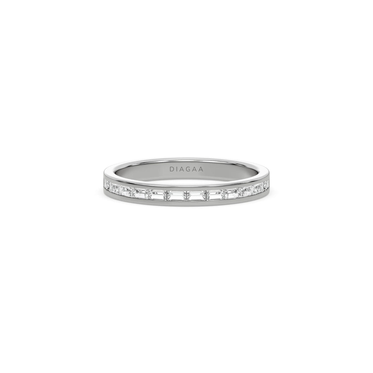 This white  gold ring displayed in front view is made with 12 baguette diamonds and set in channel setting 