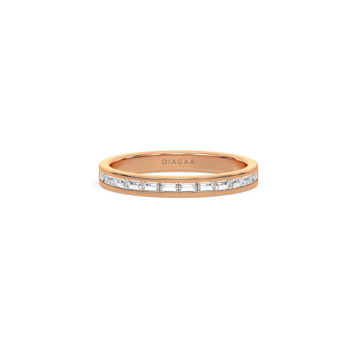 This rose gold ring displayed in front view is made with 12 baguette diamonds and set in channel setting 