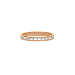 This rose gold ring displayed in front view is made with 12 baguette diamonds and set in channel setting 