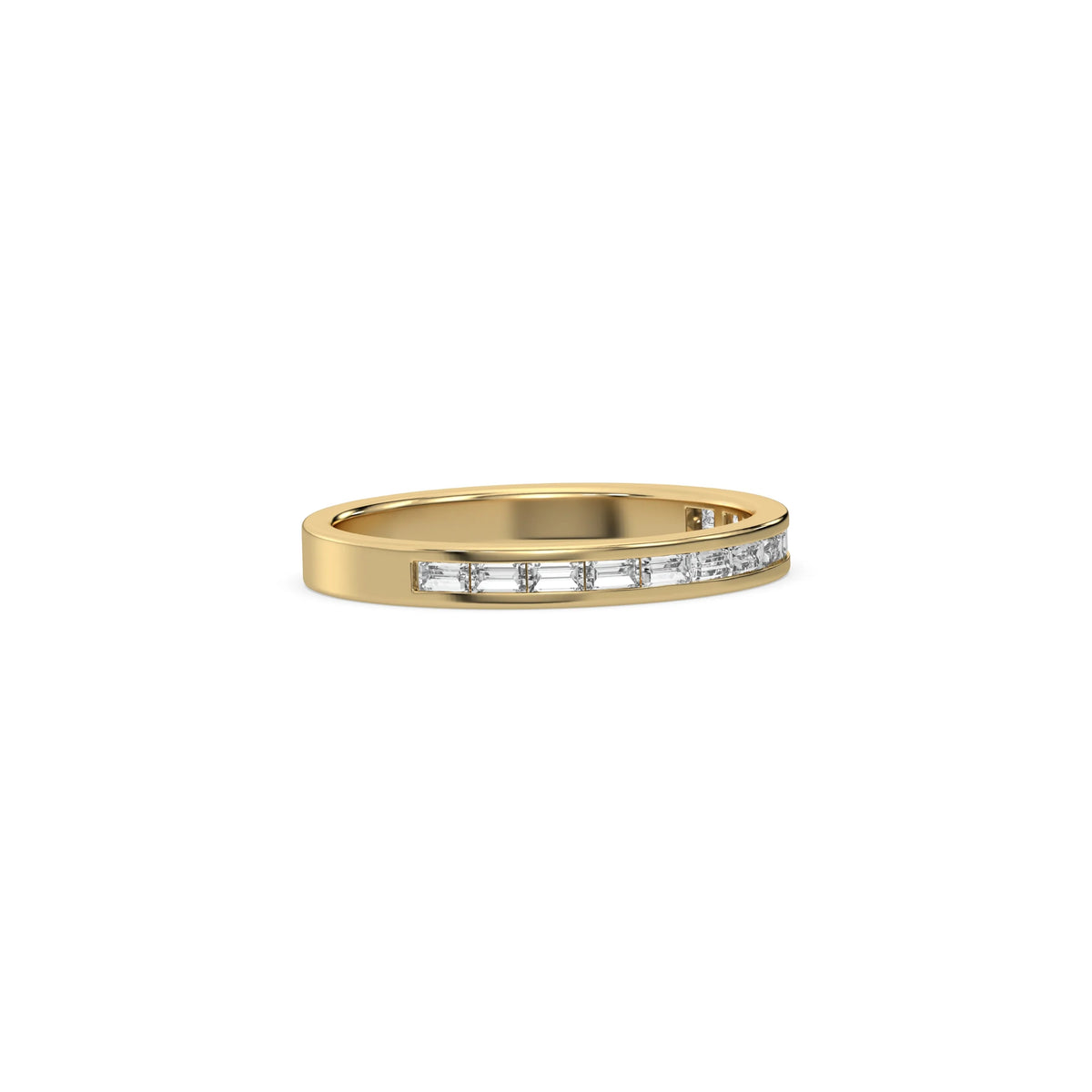 This yellow gold ring displayed in side view is made with 12 baguette diamonds and set in channel setting 