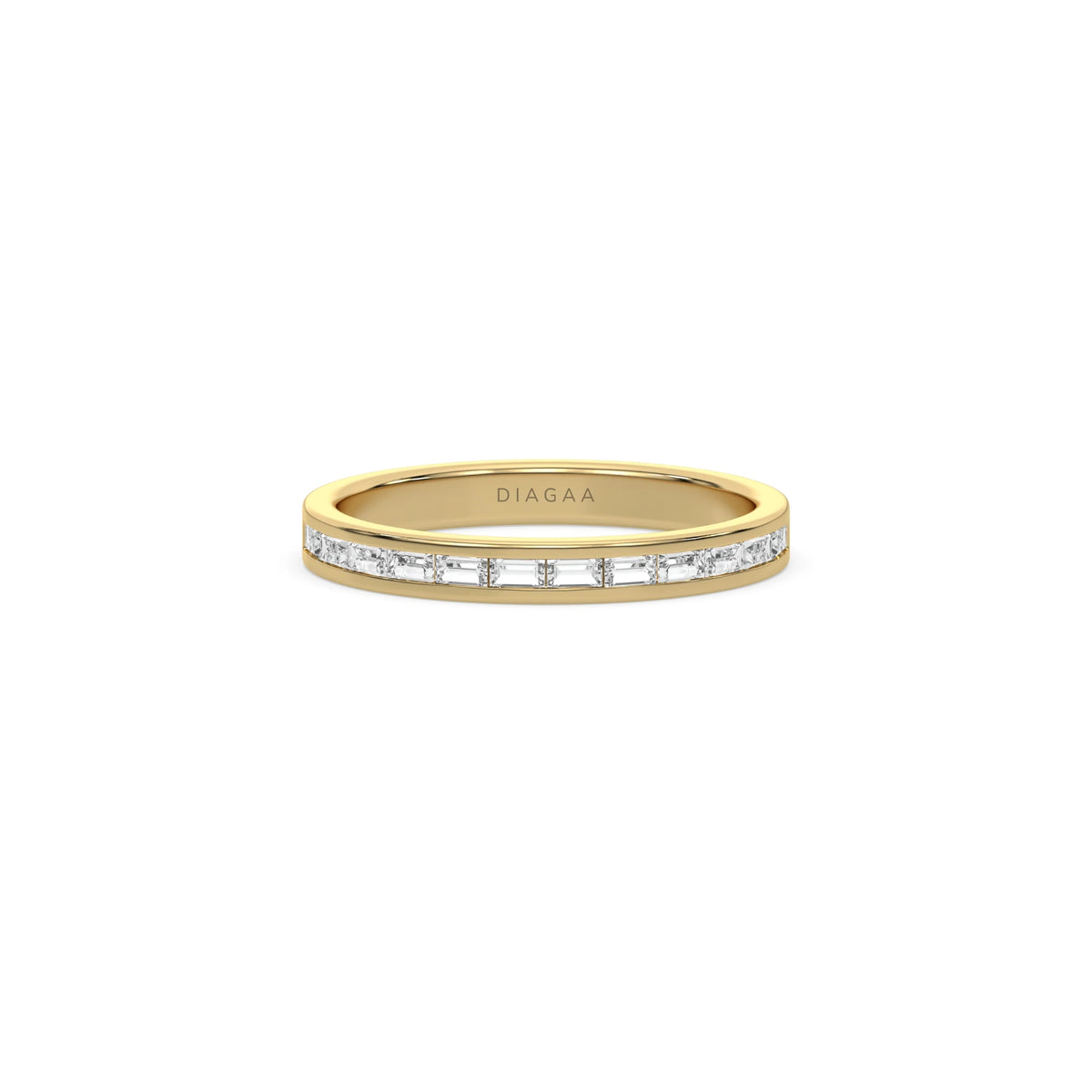 This yellow gold ring displayed in front view is made with 12 baguette diamonds and set in channel setting 