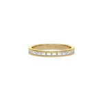 This yellow gold ring displayed in front view is made with 12 baguette diamonds and set in channel setting 