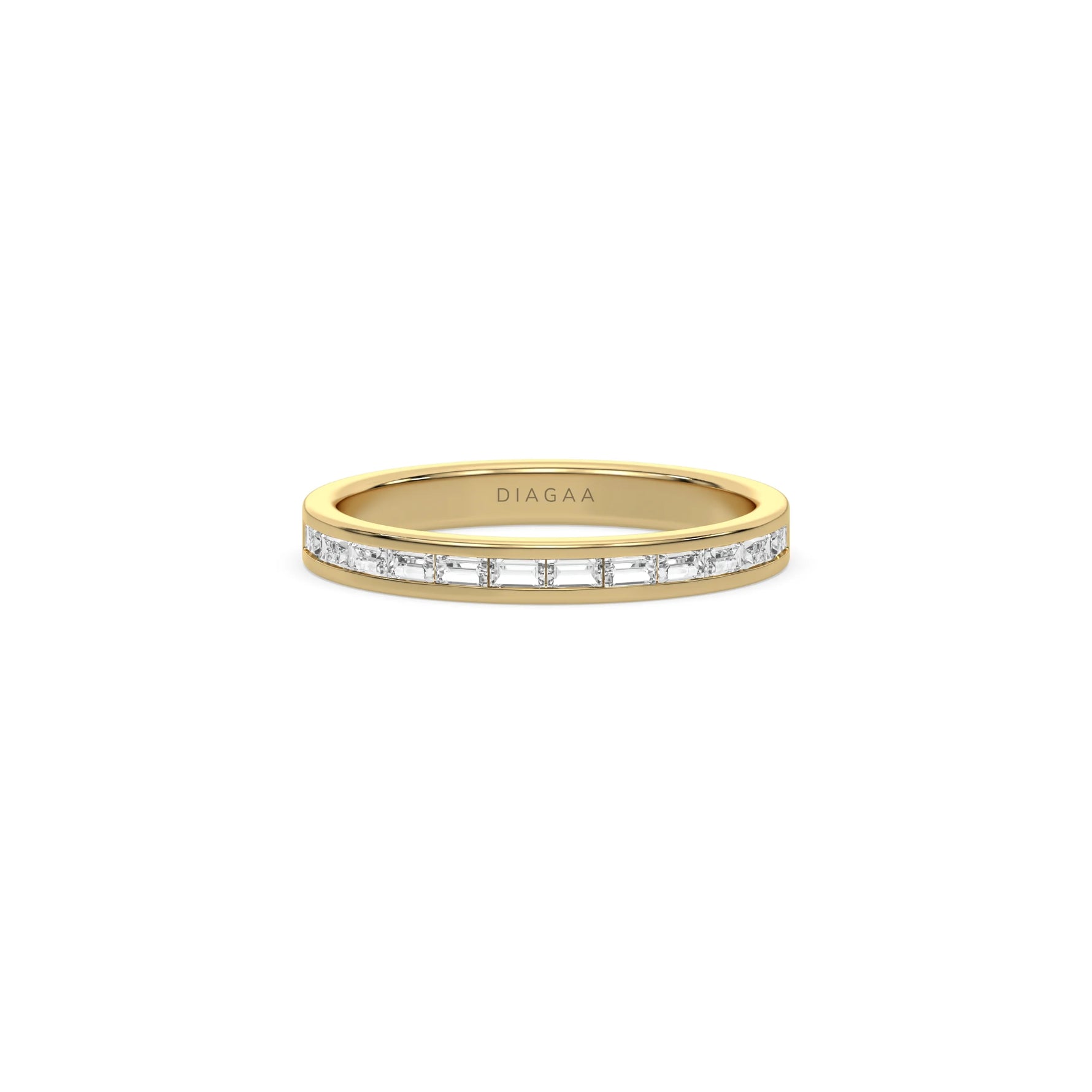 This yellow gold ring displayed in front view is made with 12 baguette diamonds and set in channel setting 