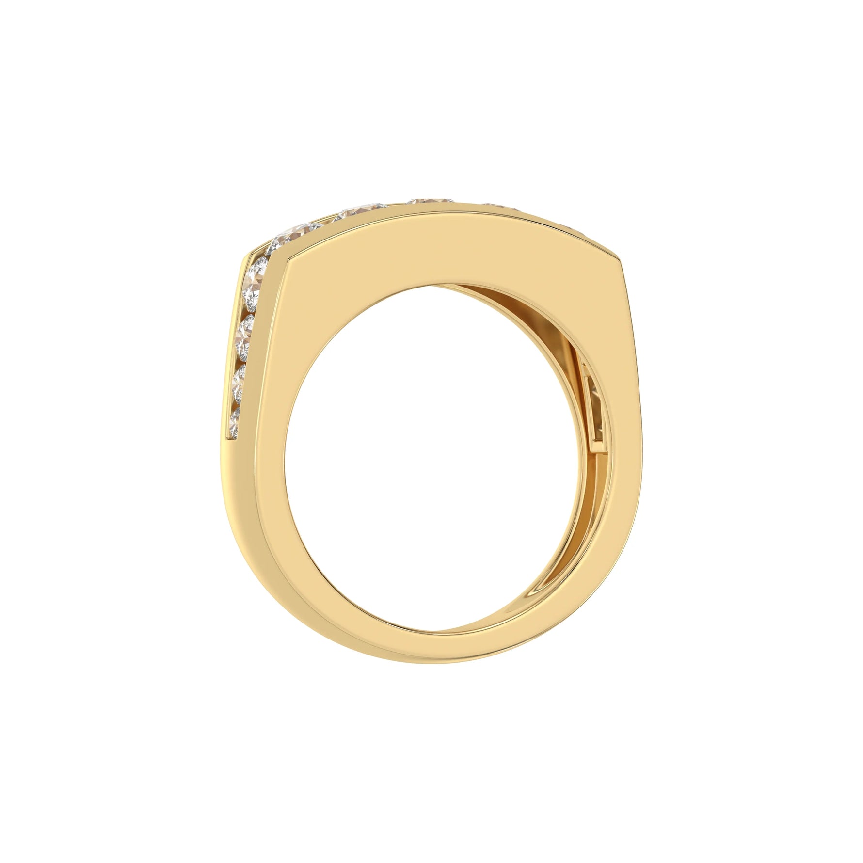 This yellow gold Men's channel-set diamond ring seamlessly blends solid gold with round brilliant-cut diamonds. The diamonds are expertly placed in a channel setting in through finger view