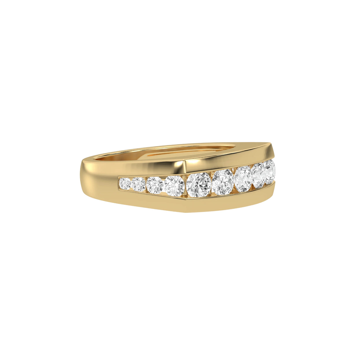 This yellow gold Men's channel-set diamond ring seamlessly blends solid gold with round brilliant-cut diamonds. The diamonds are expertly placed in a channel setting in side view