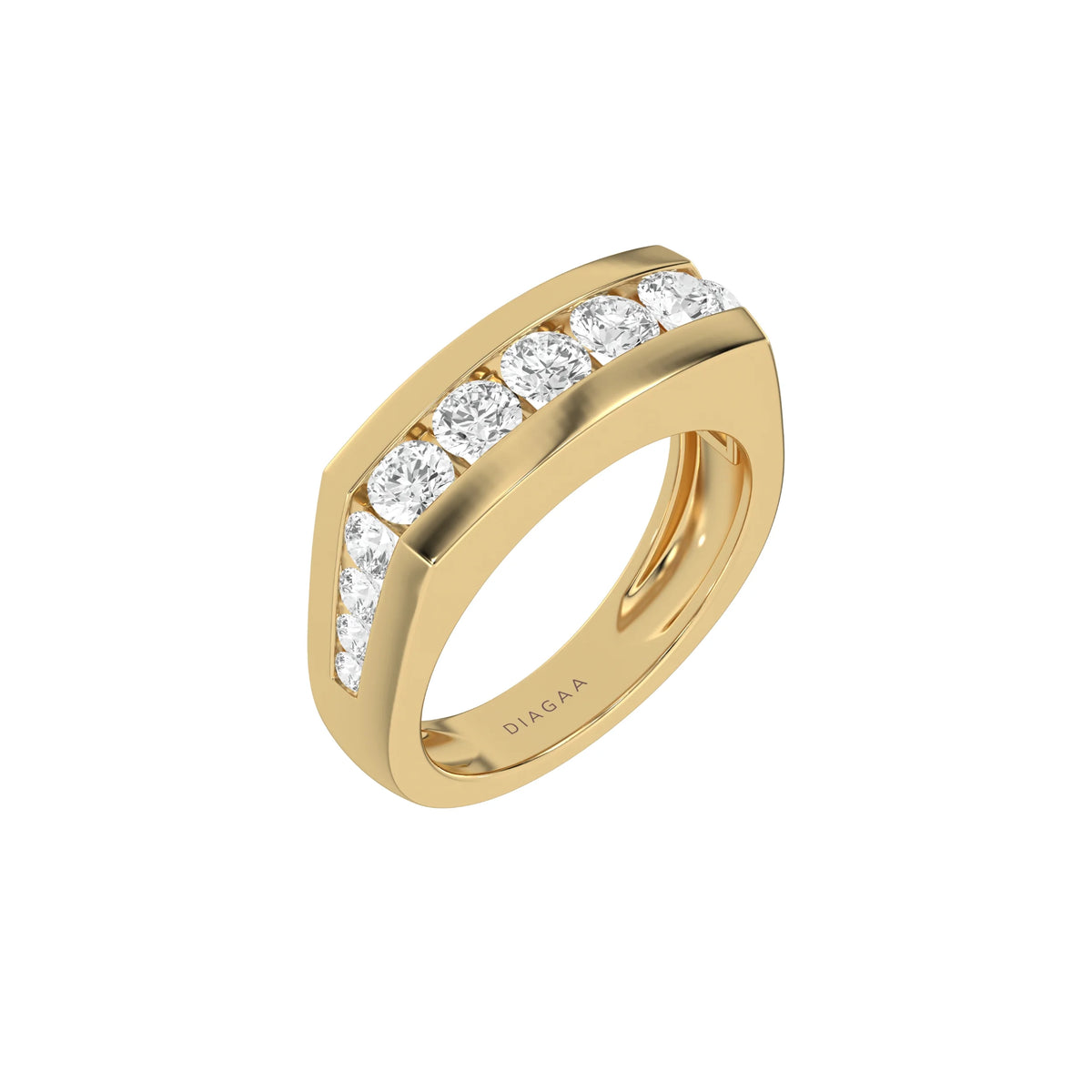 This yellow gold Men's channel-set diamond ring seamlessly blends solid gold with round brilliant-cut diamonds. The diamonds are expertly placed in a channel setting in 3d view