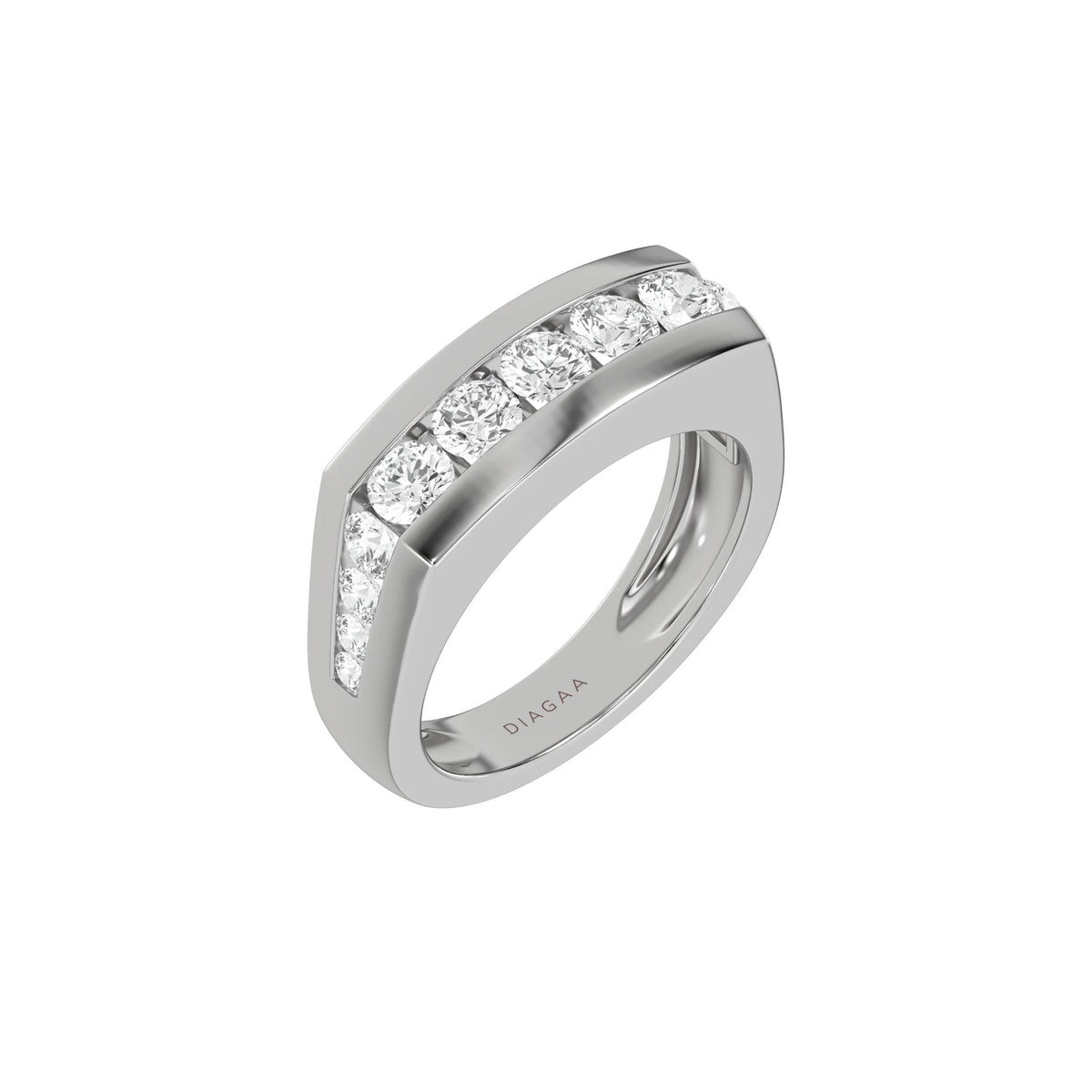 This white gold Men's channel-set diamond ring seamlessly blends solid gold with round brilliant-cut diamonds. The diamonds are expertly placed in a channel setting in 3d view