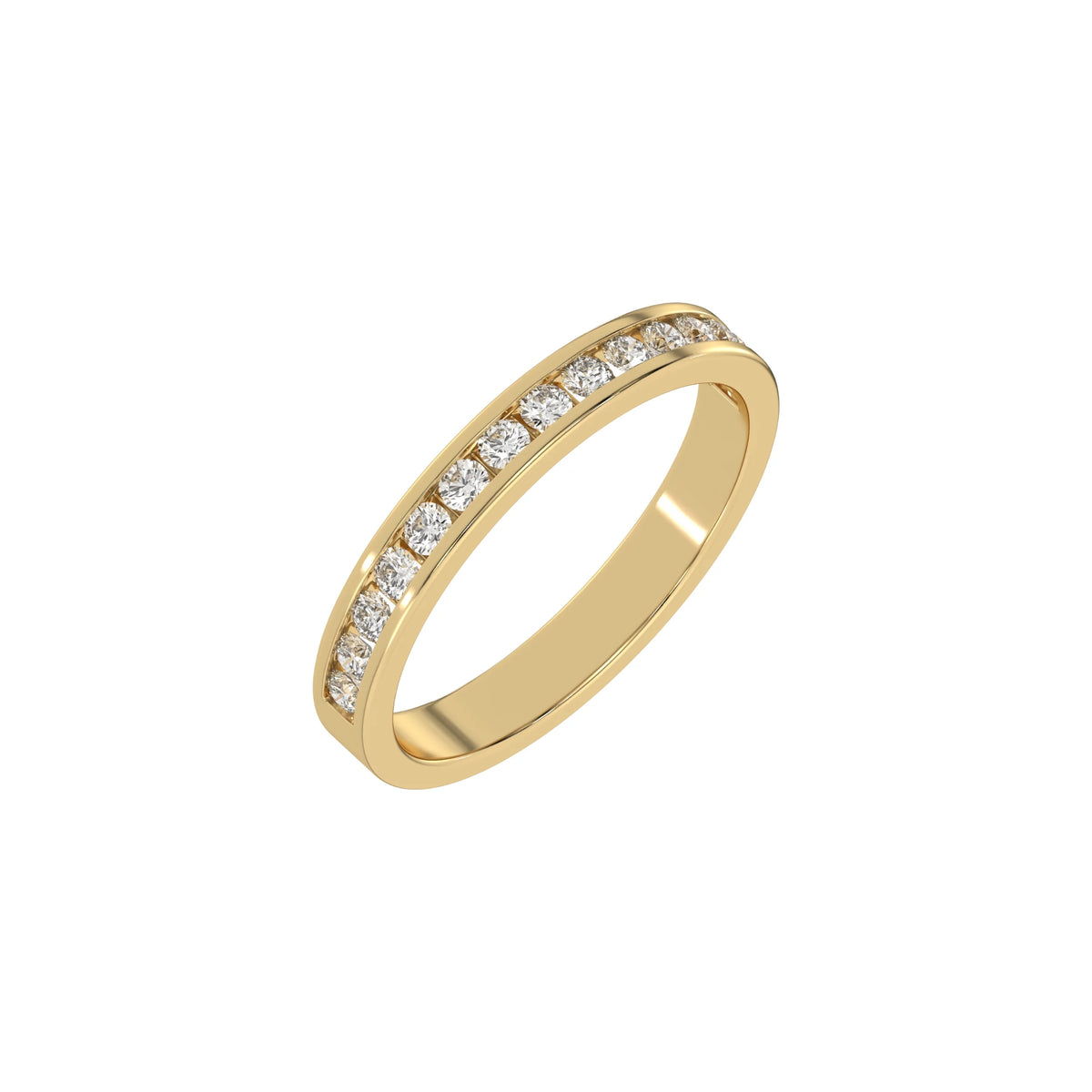 This yellow gold Half Eternity Channel band is made with 15 brilliant cut round diamonds and set in channel setting in 3d view