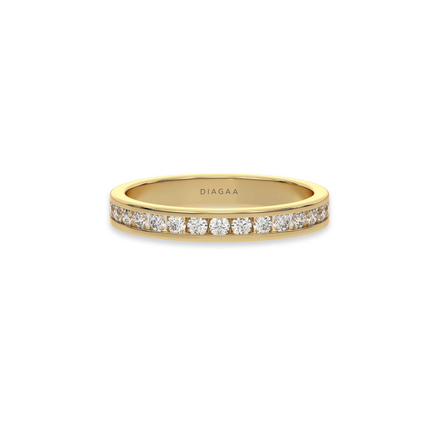 yellow gold channel-set round diamond band ring featuring sparkling round stones in a sleek modern design on a white background.