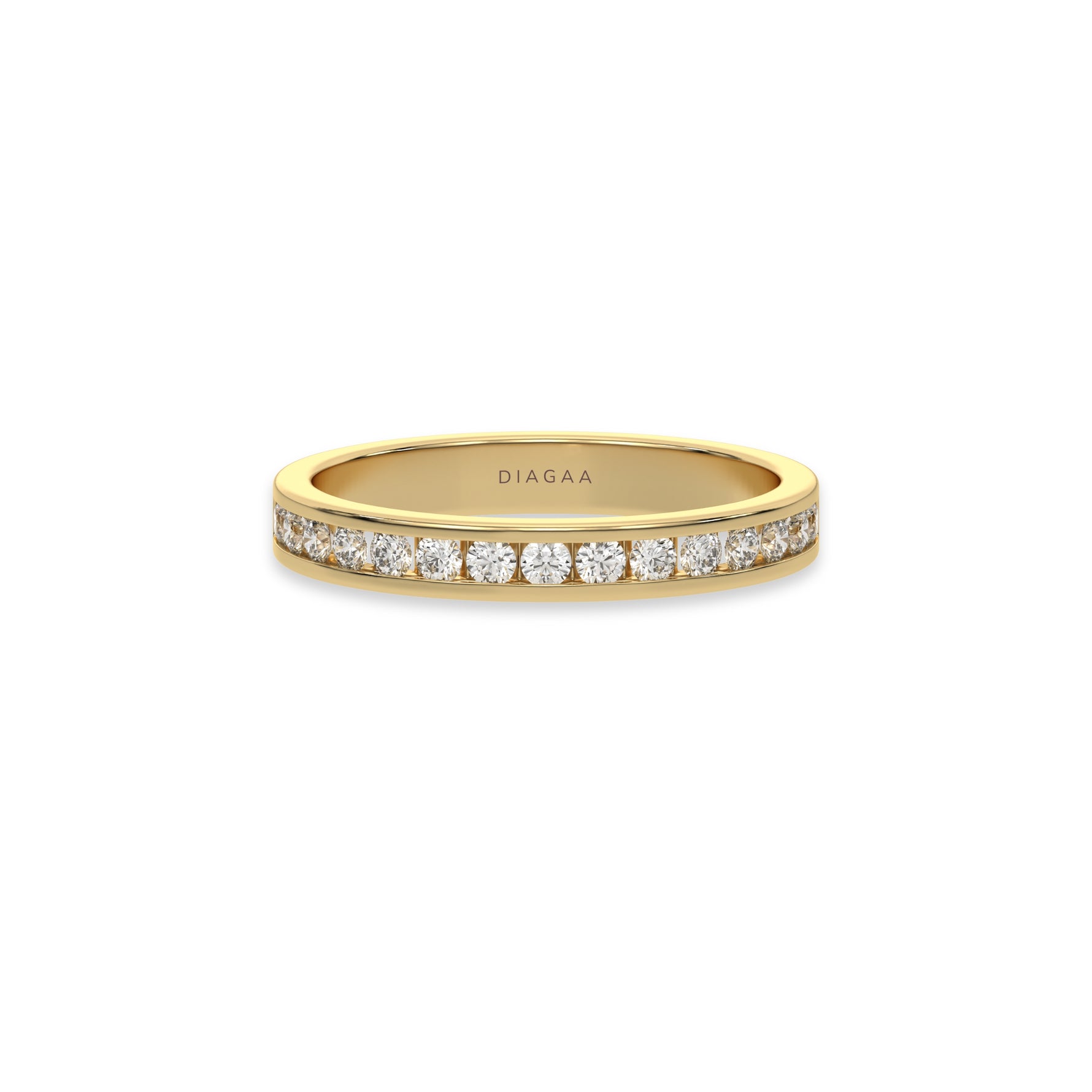 This yellow gold ring displayed in front view is made with 15 brilliant cut round diamonds and set in channel setting on ring finger