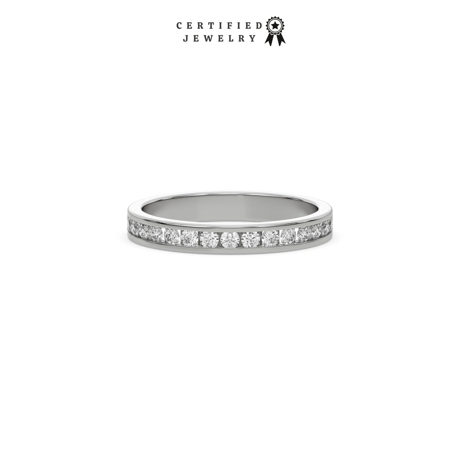 This white  gold ring displayed in front view is made with 15 brilliant cut round diamonds and set in channel setting on ring finger