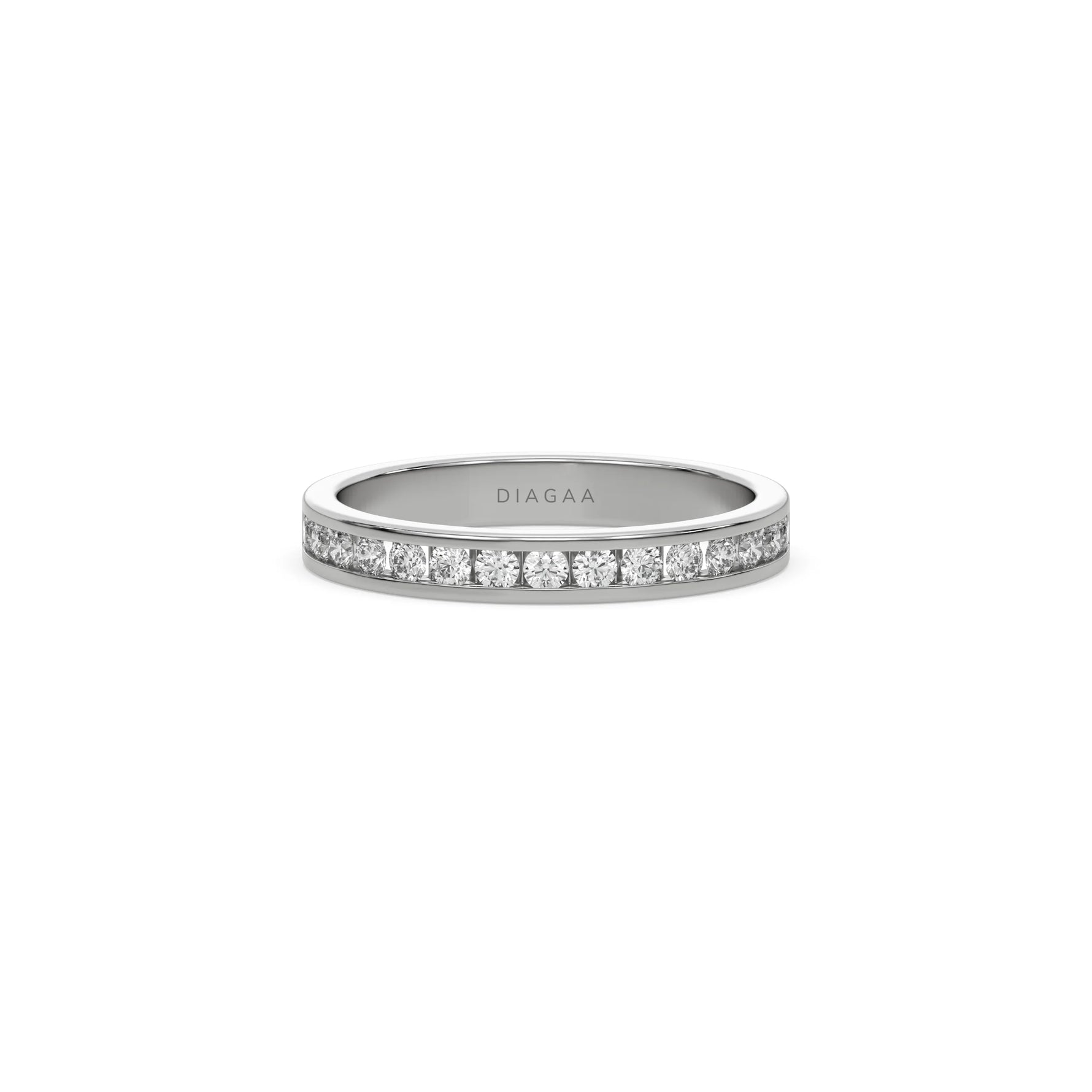 This white  gold ring displayed in front view is made with 15 brilliant cut round diamonds and set in channel setting on ring finger