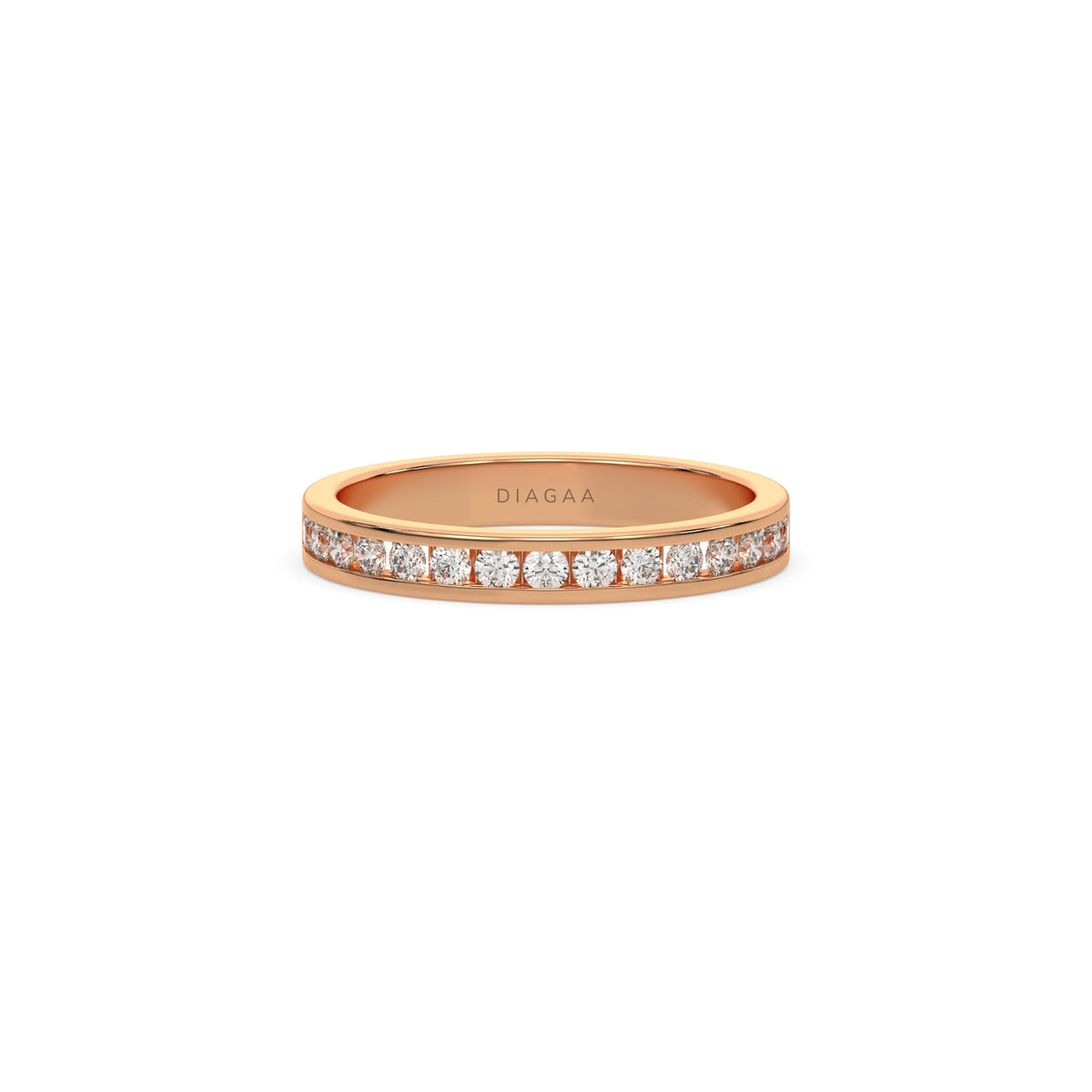 This rose gold ring displayed in front view is made with 15 brilliant cut round diamonds and set in channel setting on ring finger