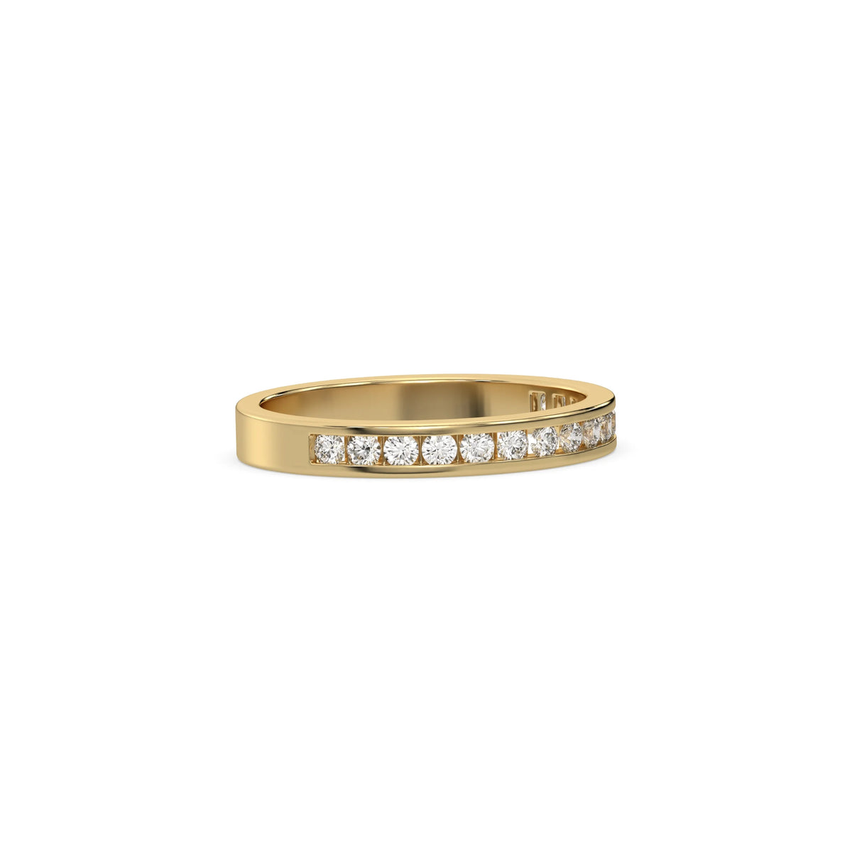 This yellow gold ring displayed in side view is made with 15 brilliant cut round diamonds and set in channel setting on ring finger