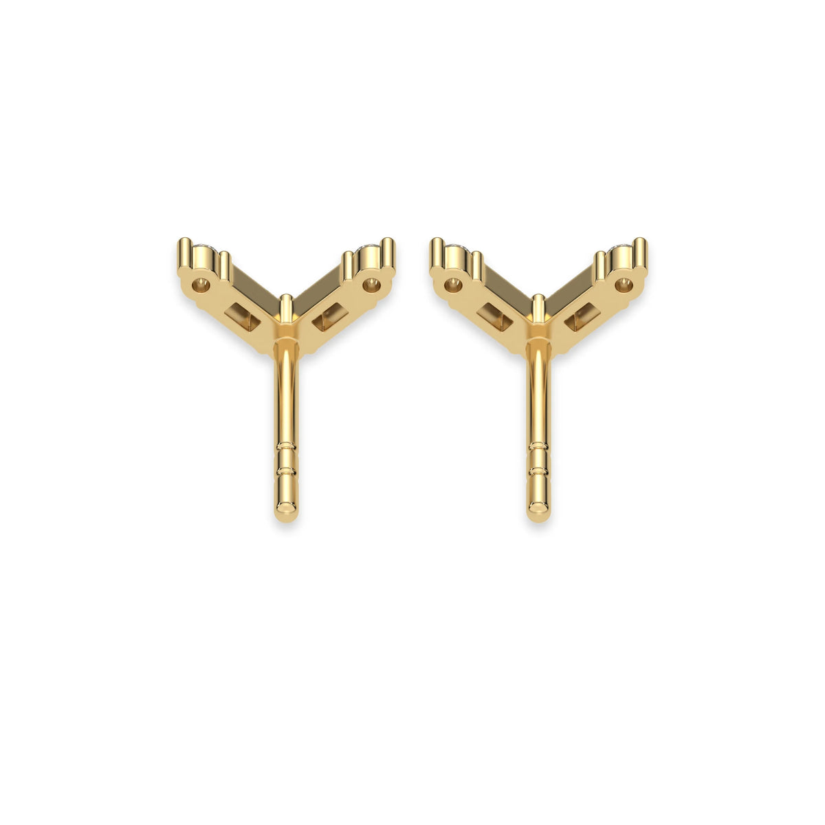 This yellow gold Chevron Diamond Earrings made using baguette and round diamonds creating a v shaped design, securely set in shared prong setting in back view