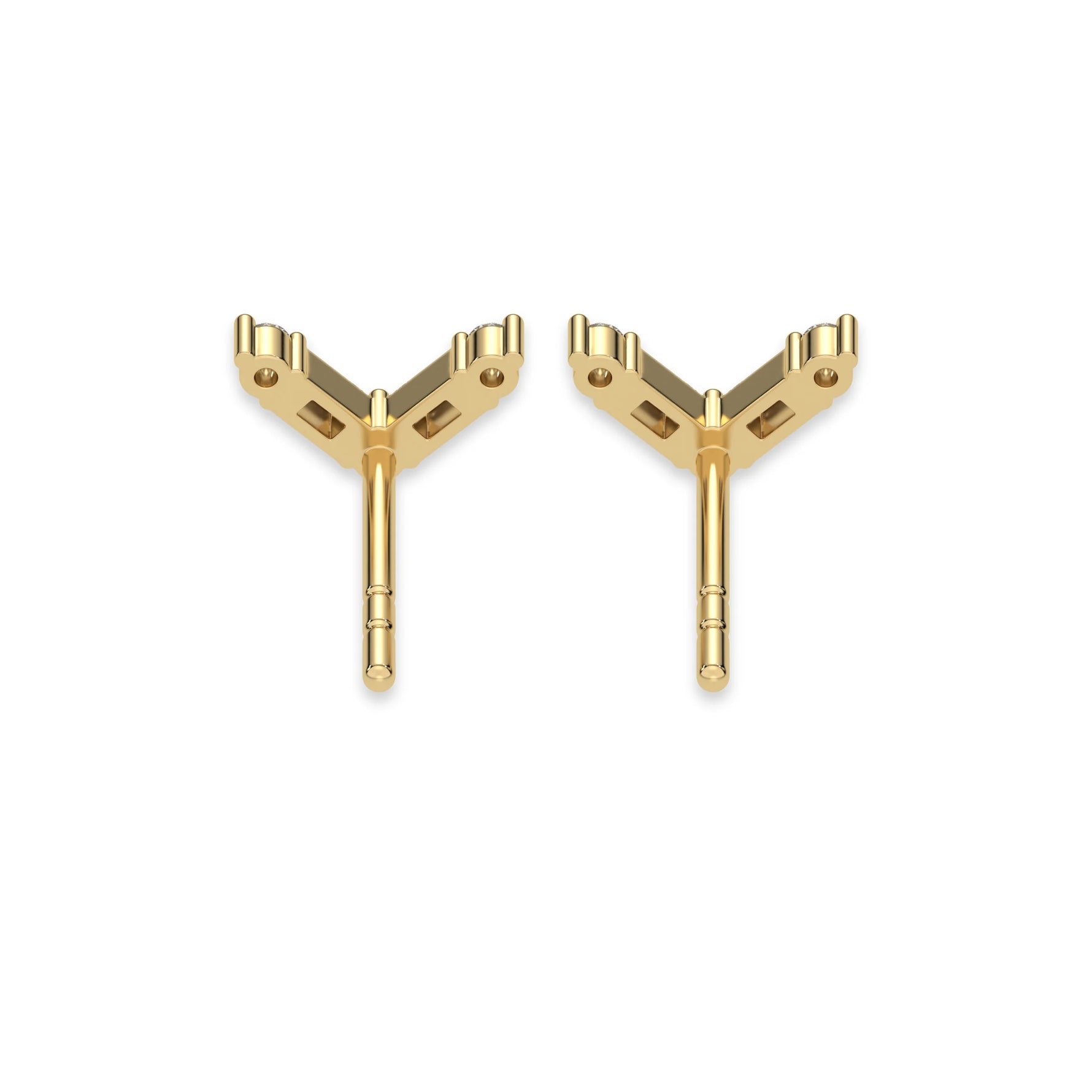 This yellow gold Chevron Diamond Earrings made using baguette and round diamonds creating a v shaped design, securely set in shared prong setting in back view