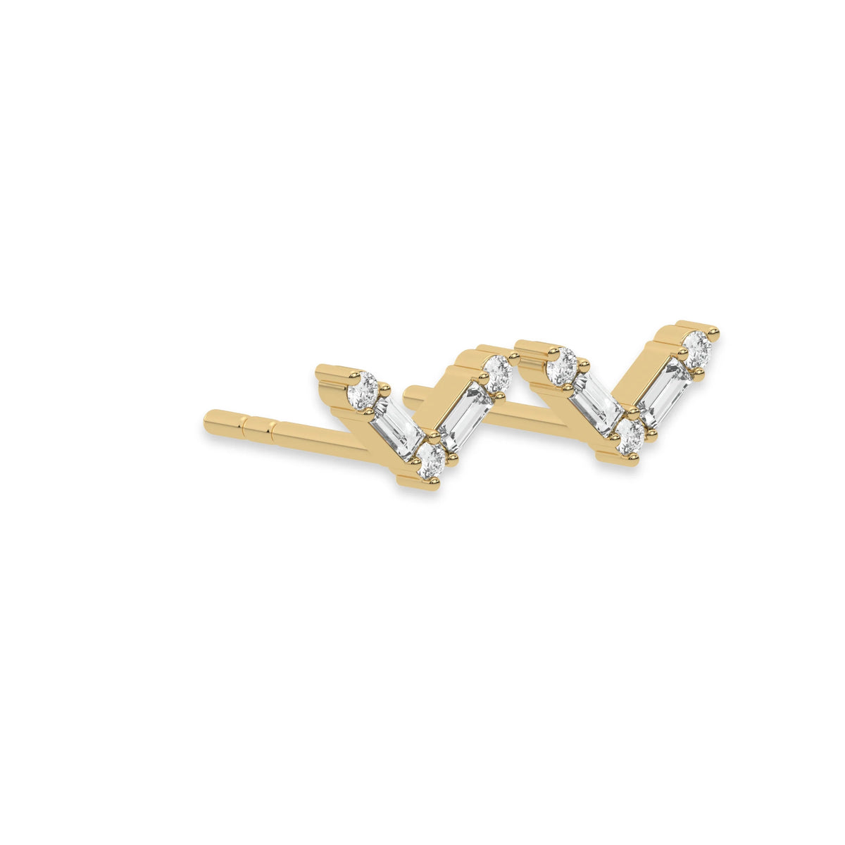 This yellow gold Chevron Diamond Earrings made using baguette and round diamonds creating a v shaped design, securely set in shared prong setting in side view