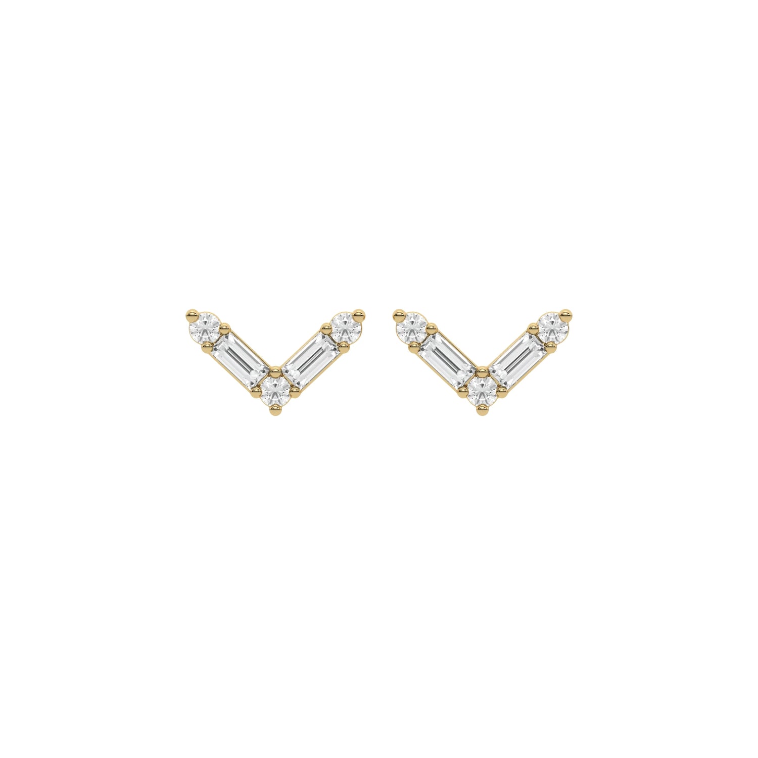 This yellow gold Chevron Diamond Earrings made using baguette and round diamonds creating a v shaped design, securely set in shared prong setting in top view